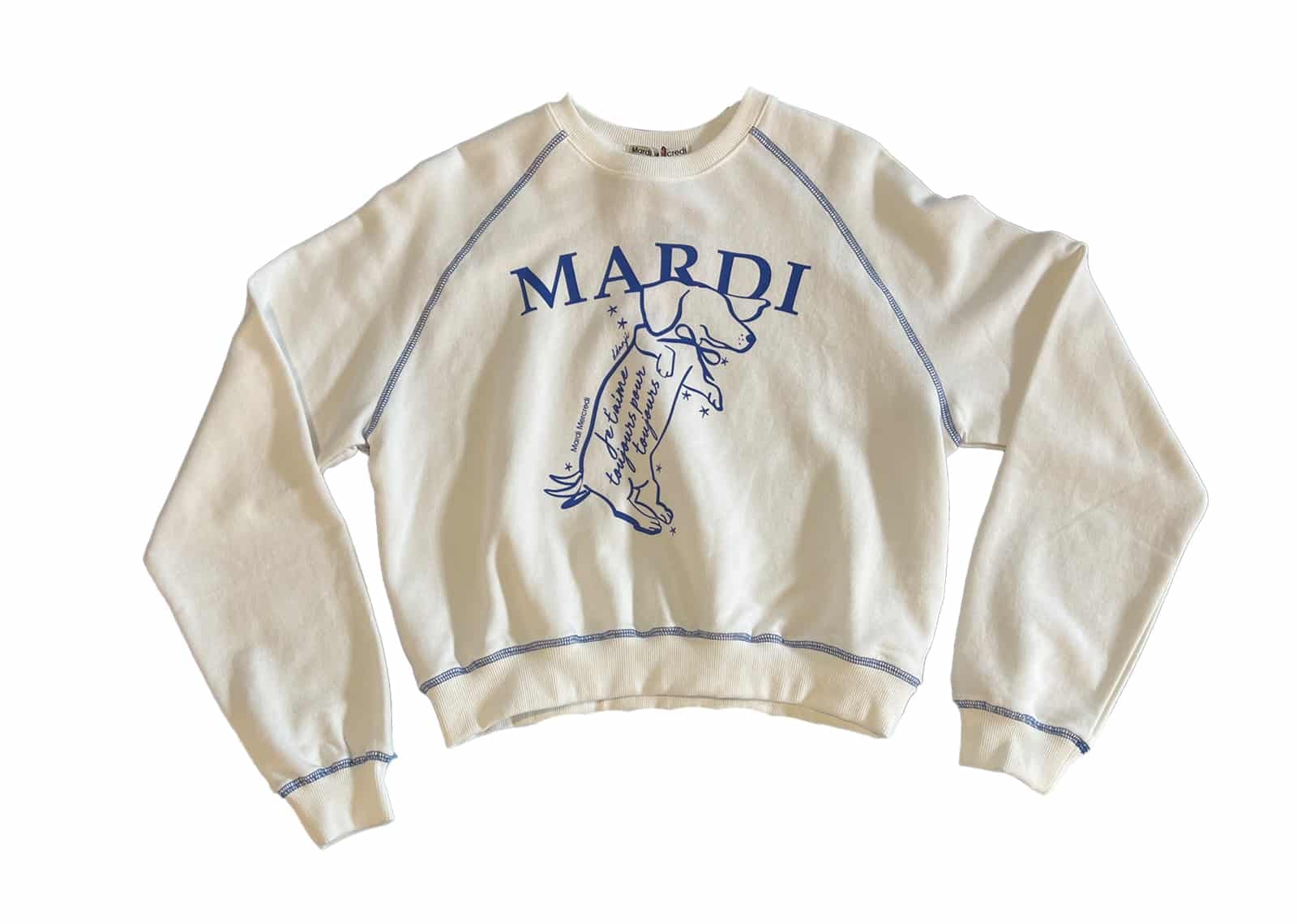 MARDI Mercredi Raglan Swing The Tail DDANJI Crewneck White Blue