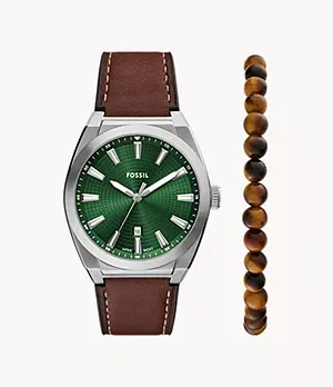 And Everett Three - Hand Date Brown Leather Watch and Bracelet Set