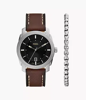 And Machine Three - Hand Date Brown Leather Watch and Bracelet Set
