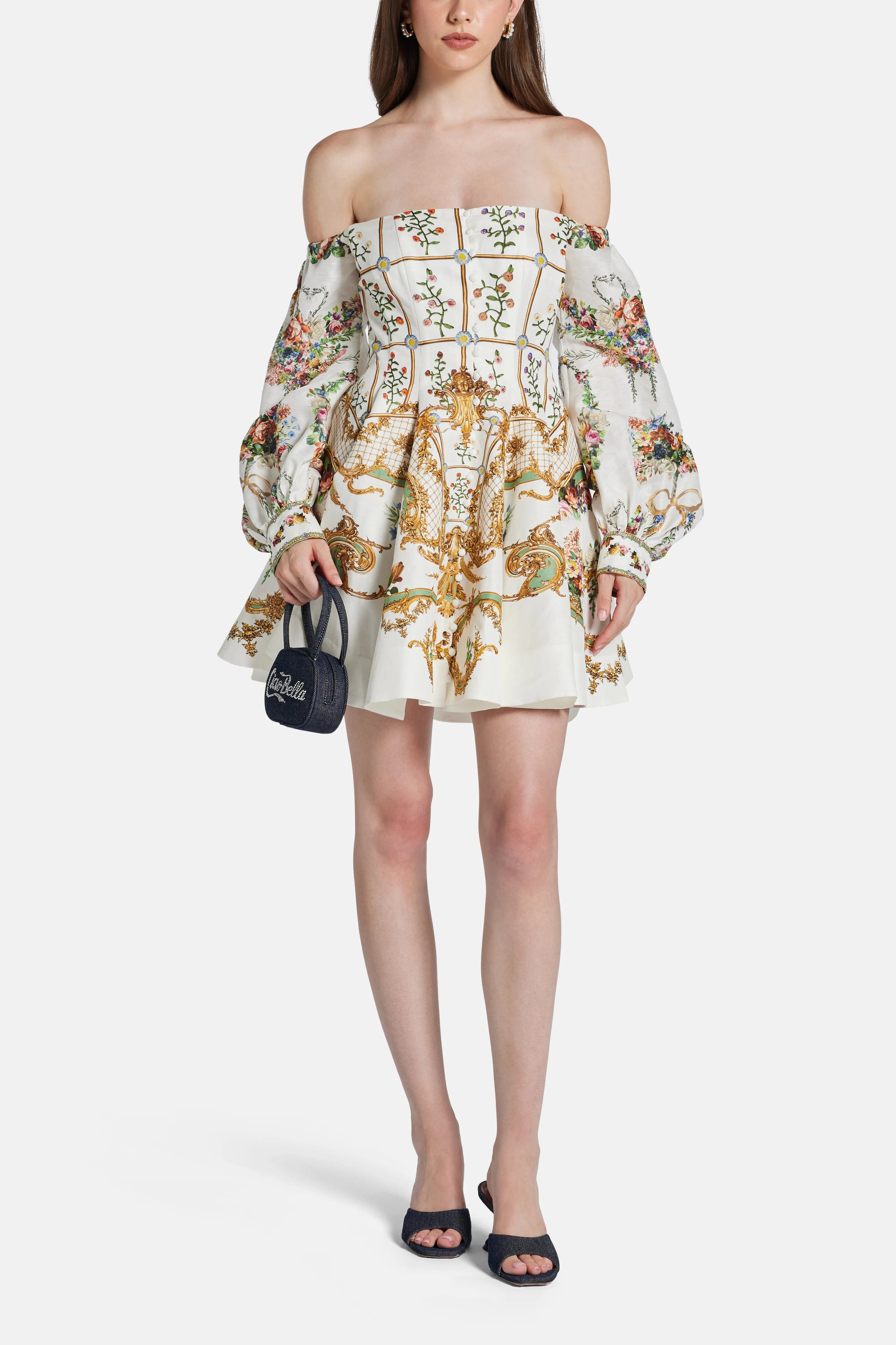 Camilla Dressing Room Drama Seamed Floral Linen Silk Off Shoulder Mini Dress in White