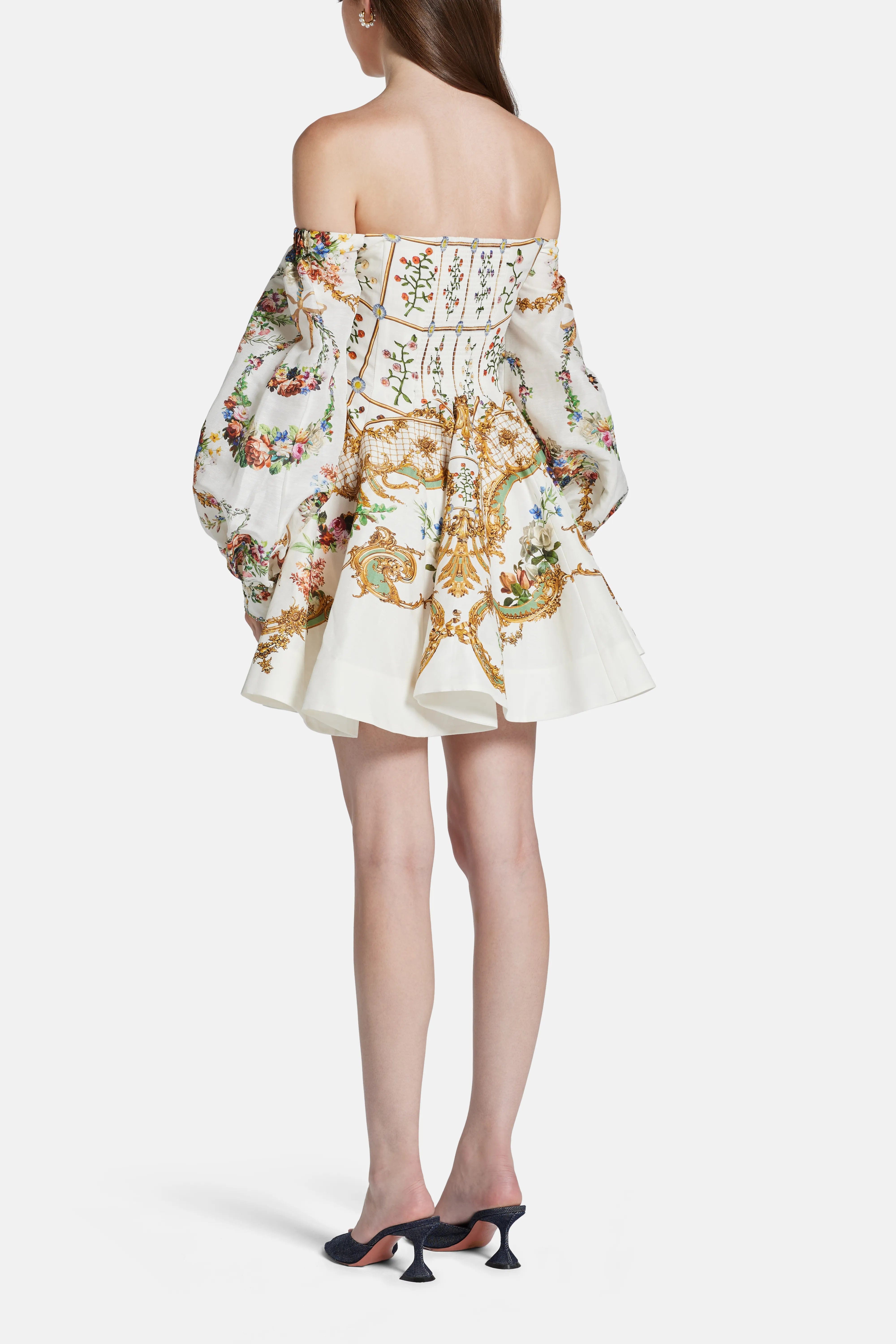 Camilla Dressing Room Drama Seamed Floral Linen Silk Off Shoulder Mini Dress in White