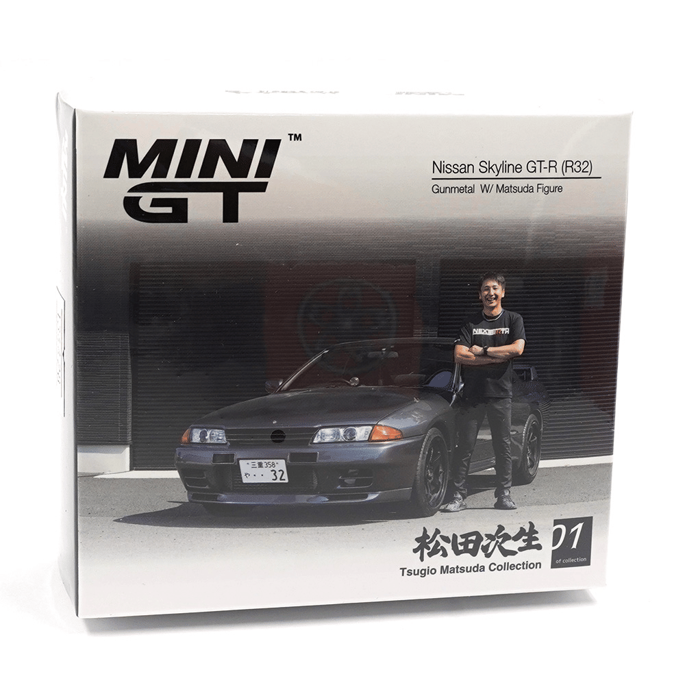 Mini GT Nissan Skyline GT - R (R32) Gunmetal W/ Matsuda Figure Tsugio Matsuda Collection #869 1:64