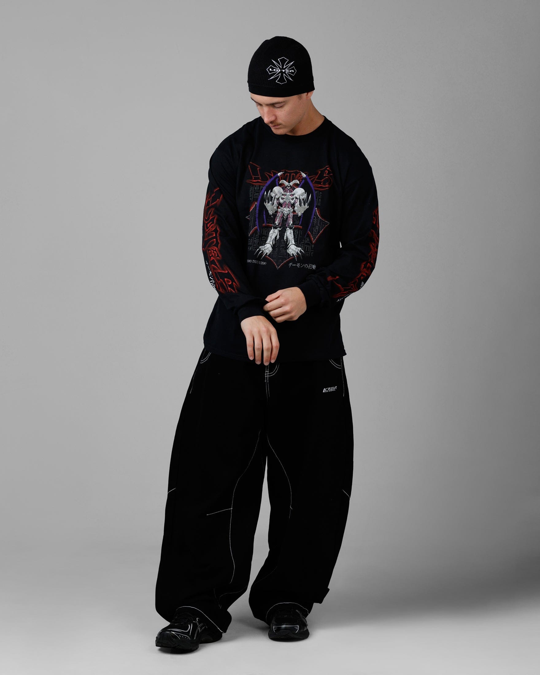 Loiter x Yu - Gi - Oh! Summoned Skull Long Sleeve T - Shirt Black