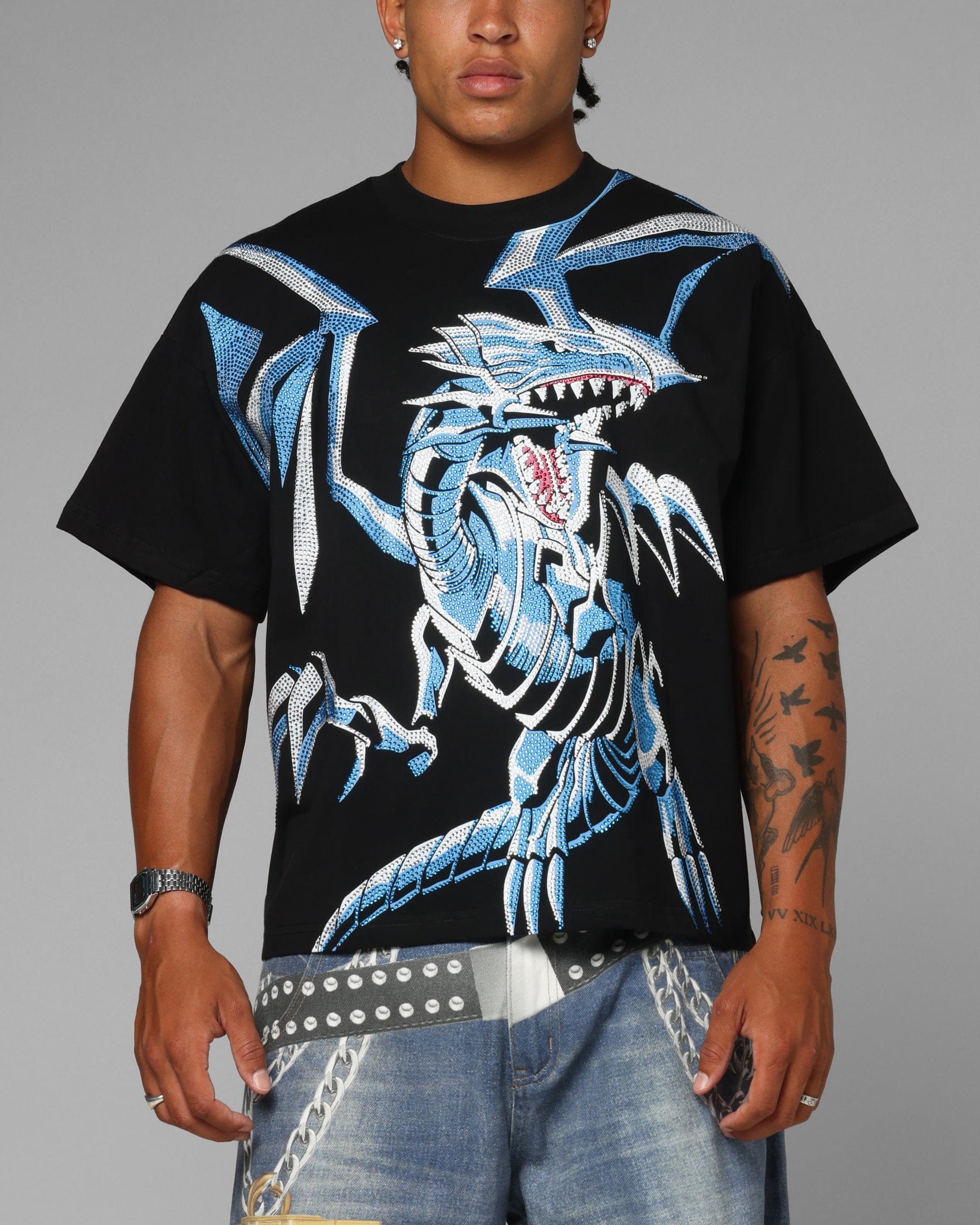 Loiter x Yu - Gi - Oh! Blue Eyes White Dragon Rhinestone T - Shirt Black