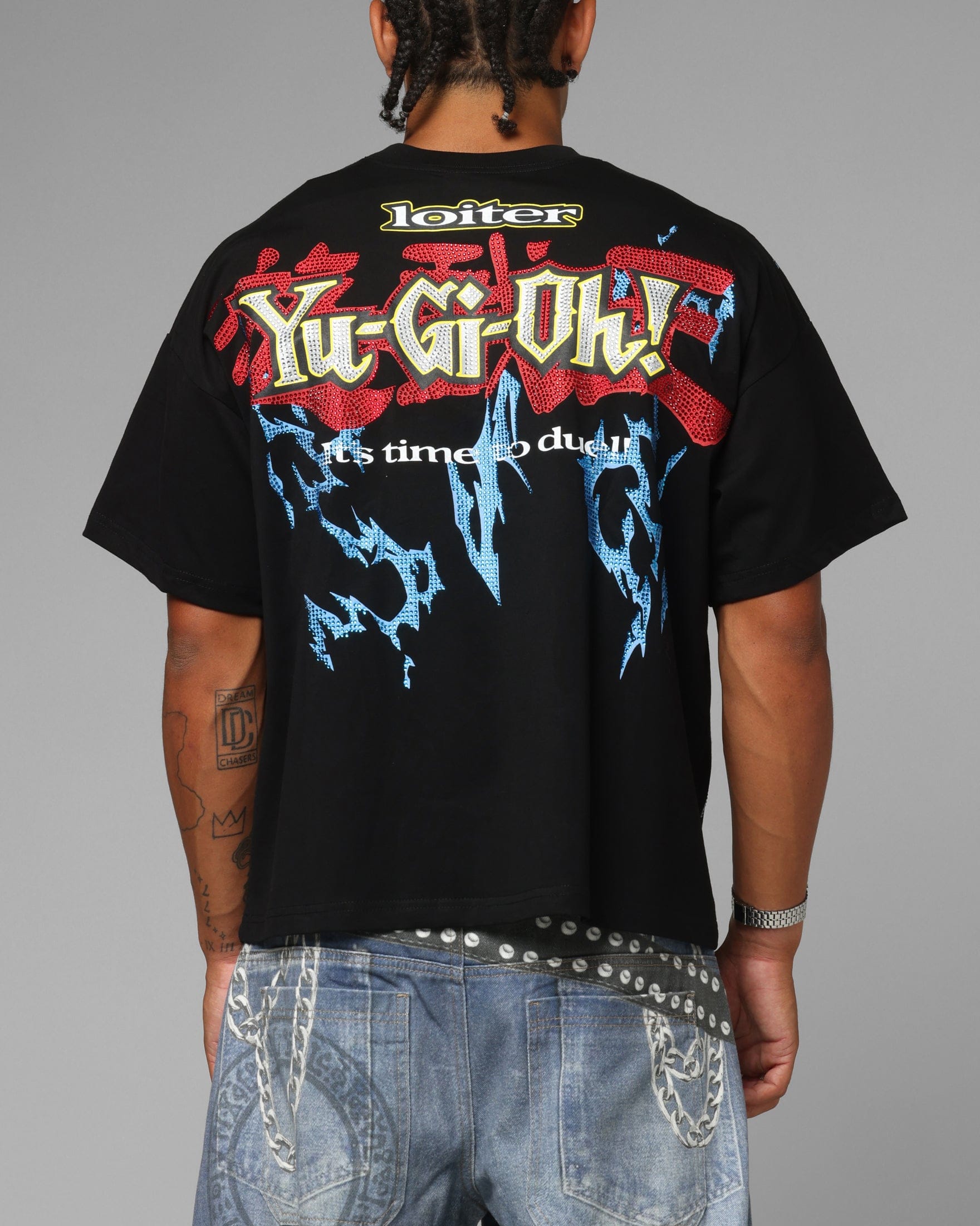 Loiter x Yu - Gi - Oh! Blue Eyes White Dragon Rhinestone T - Shirt Black