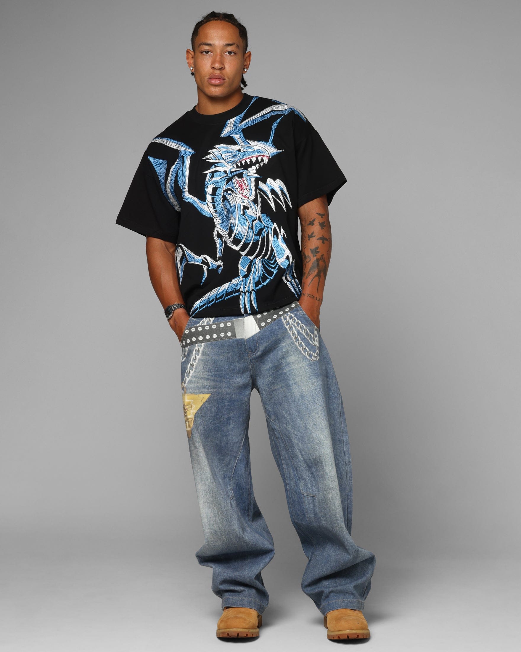 Loiter x Yu - Gi - Oh! Blue Eyes White Dragon Rhinestone T - Shirt Black