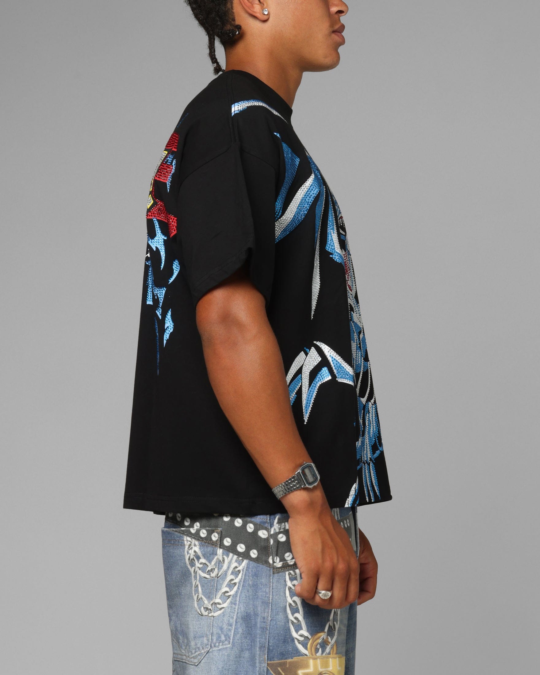 Loiter x Yu - Gi - Oh! Blue Eyes White Dragon Rhinestone T - Shirt Black