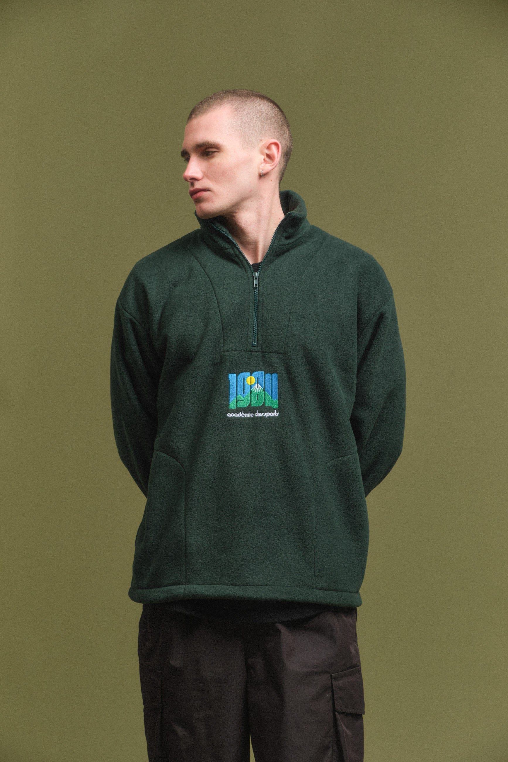 Vice 84 Retro Mountains Embroidered 1/4 Zip Fleece - Forest Green