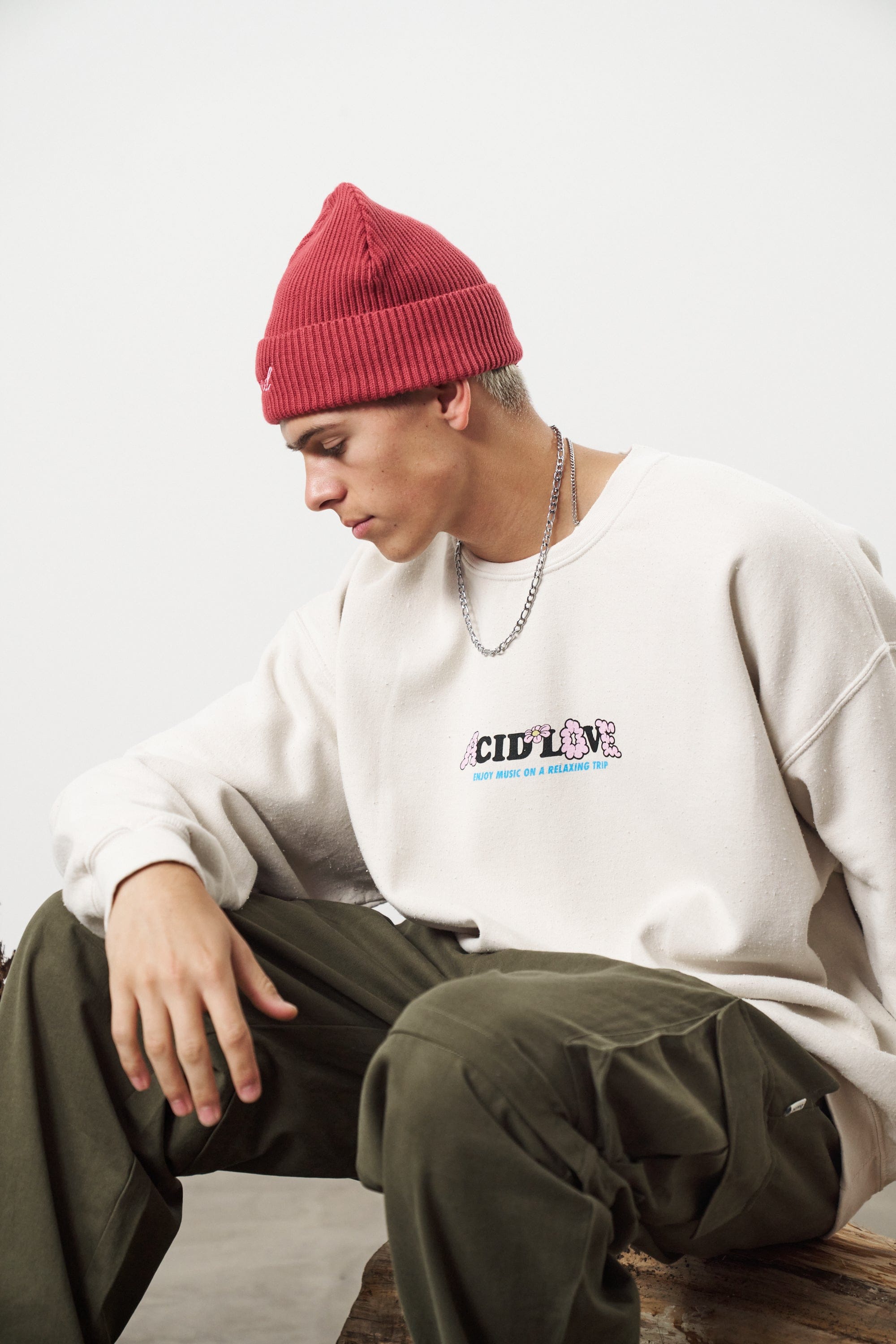 Acid Love Mushroom Vintage Washed Sweater - Cream