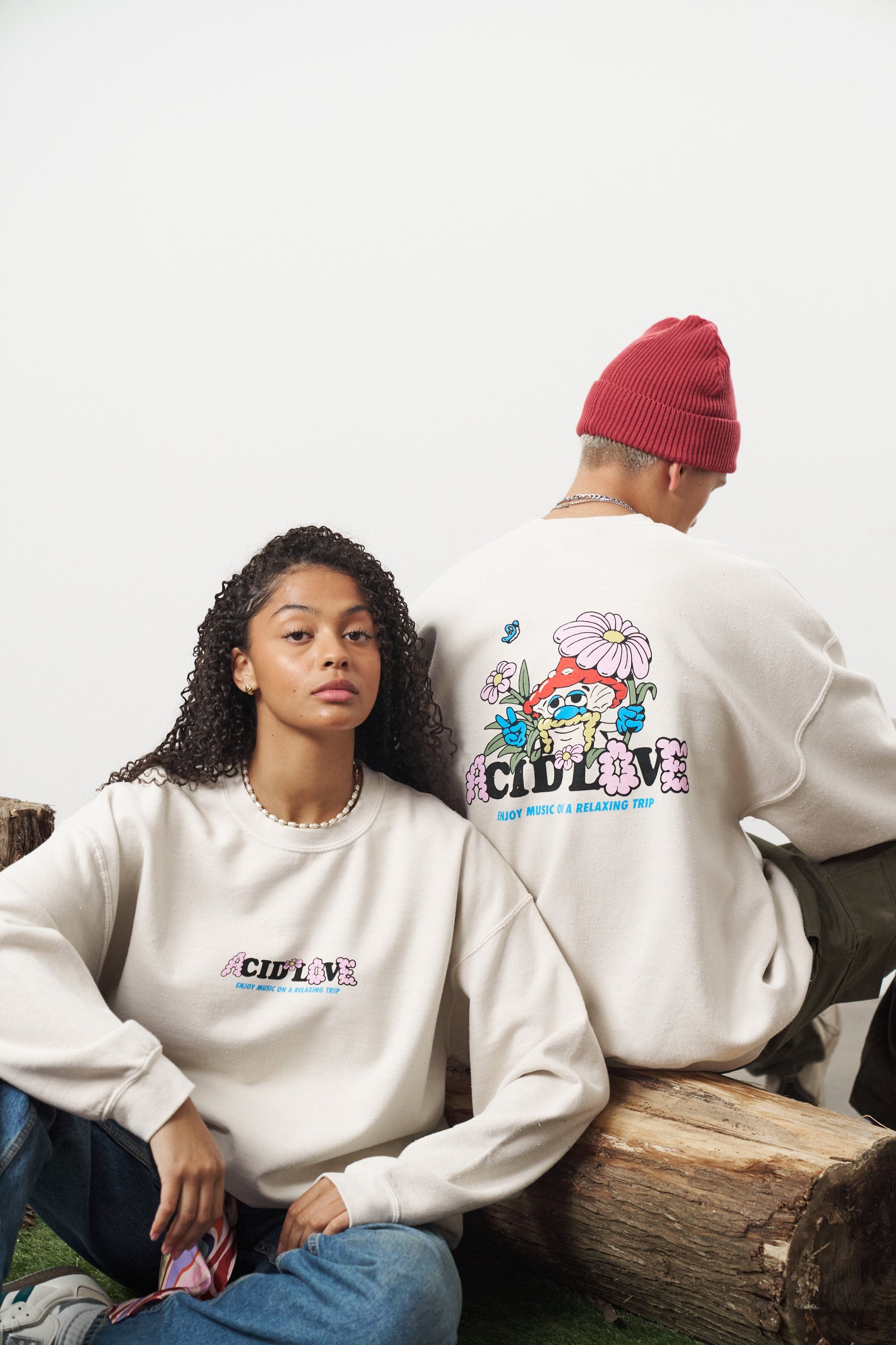 Acid Love Mushroom Vintage Washed Sweater - Cream