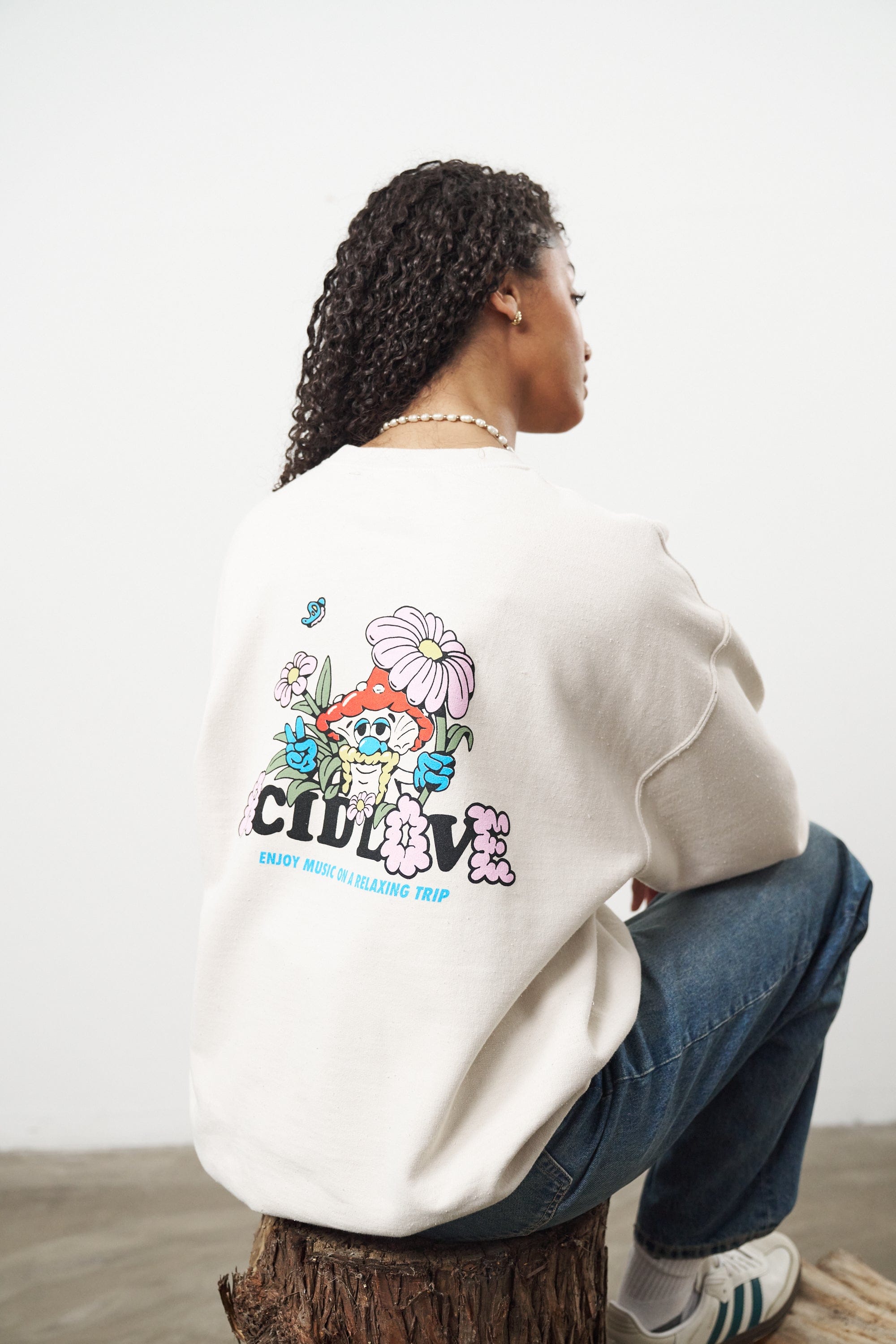 Acid Love Mushroom Vintage Washed Sweater - Cream