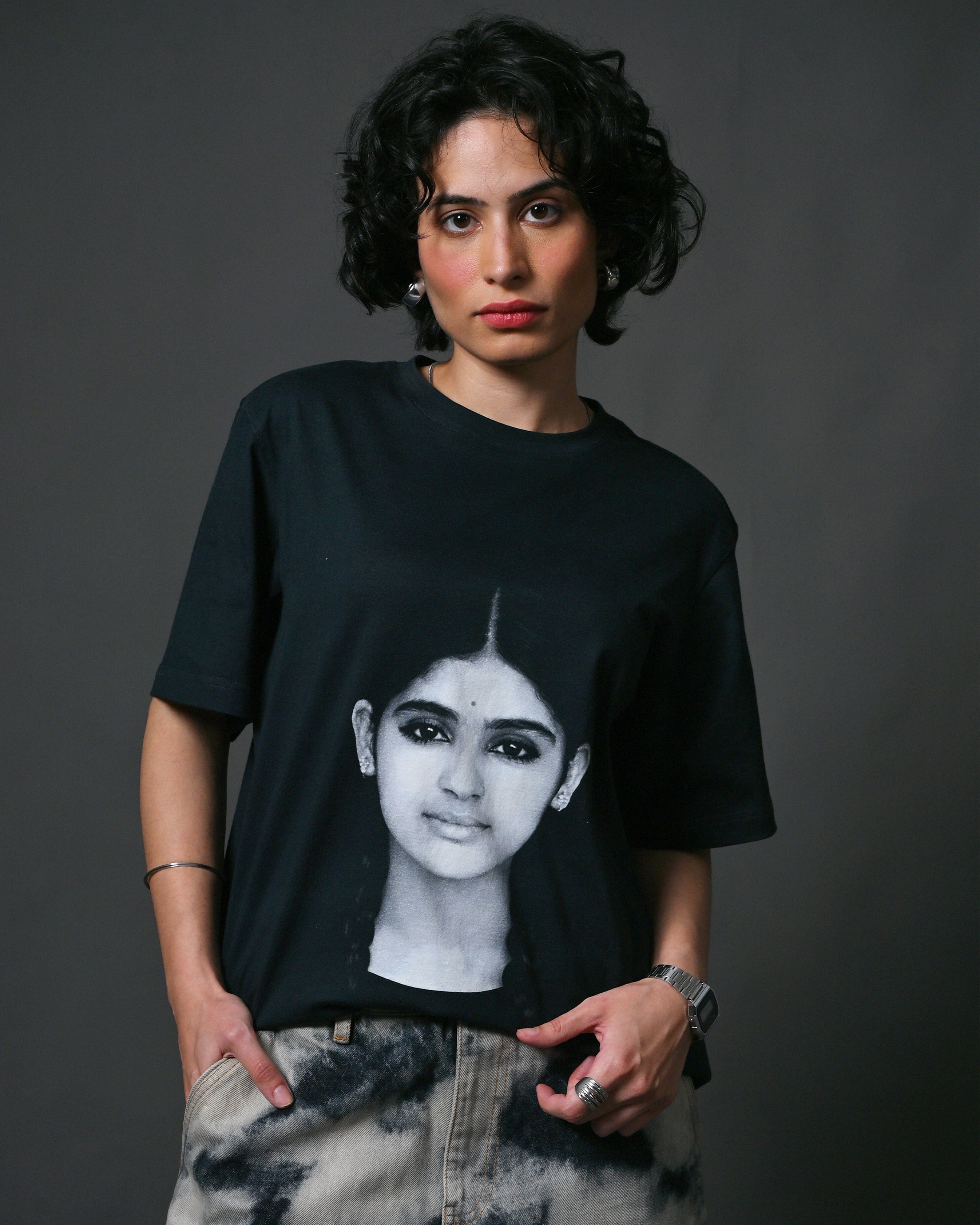 Girl The Girl with the Braids portrait t - shirt - Black