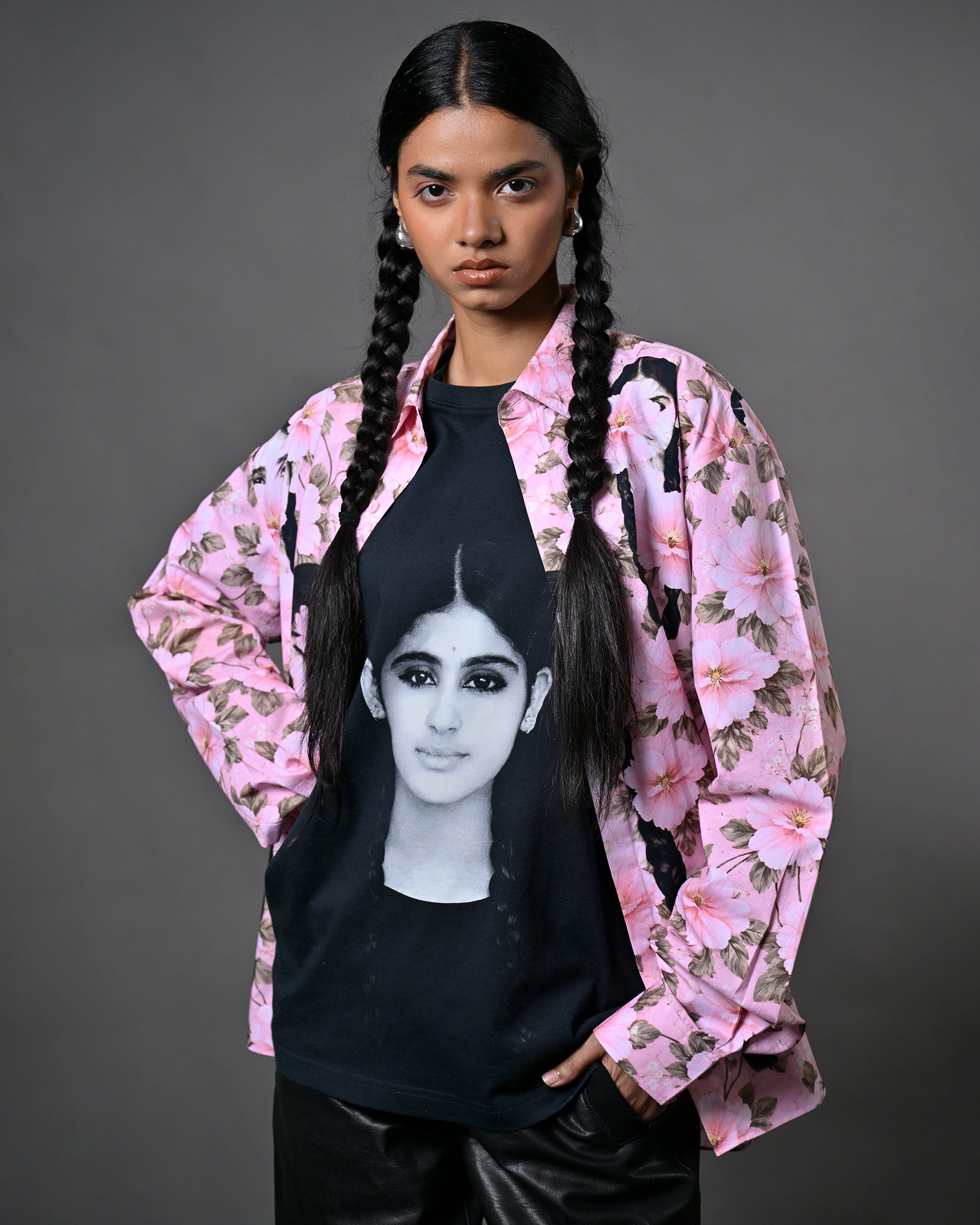Girl The Girl with the Braids portrait t - shirt - Black