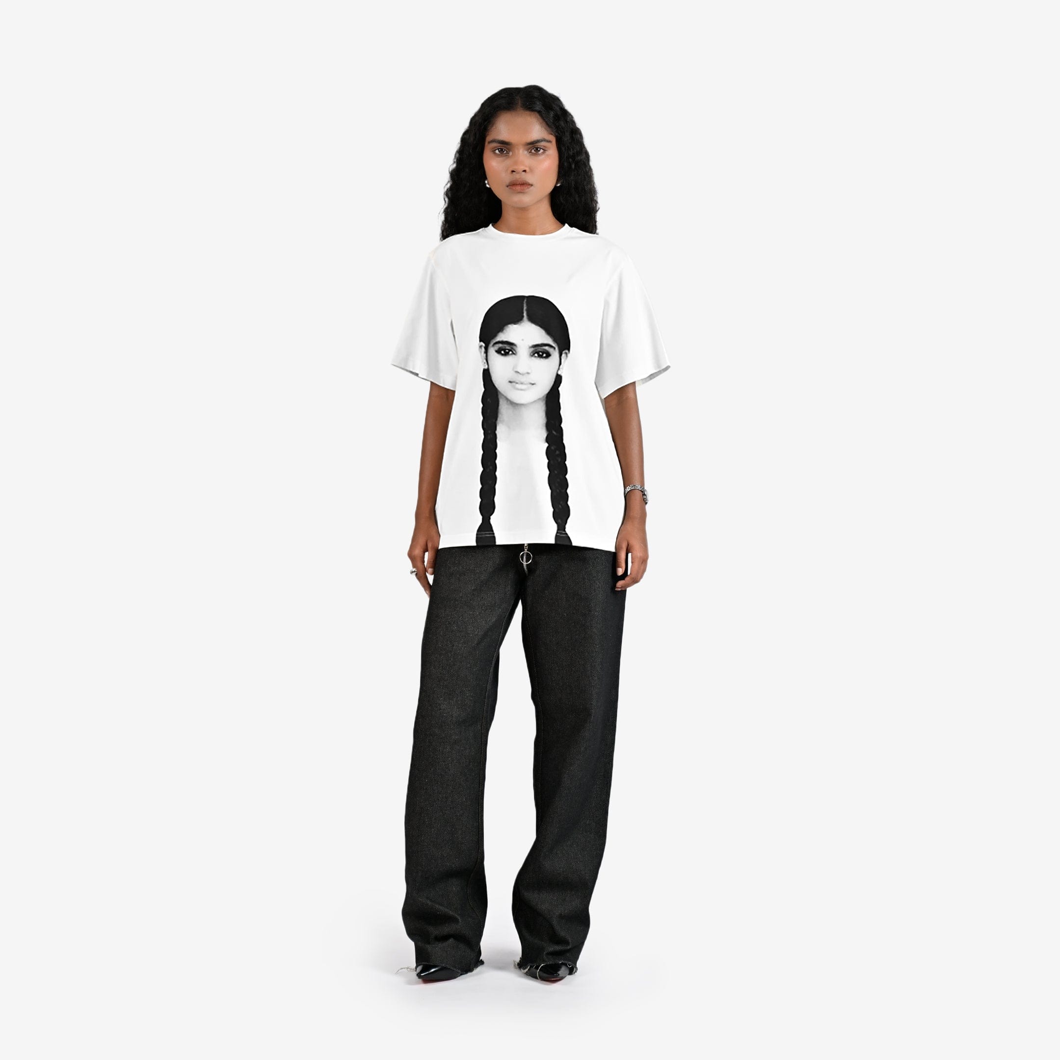 WHITE* The Girl with the Braids portrait t - shirt - White