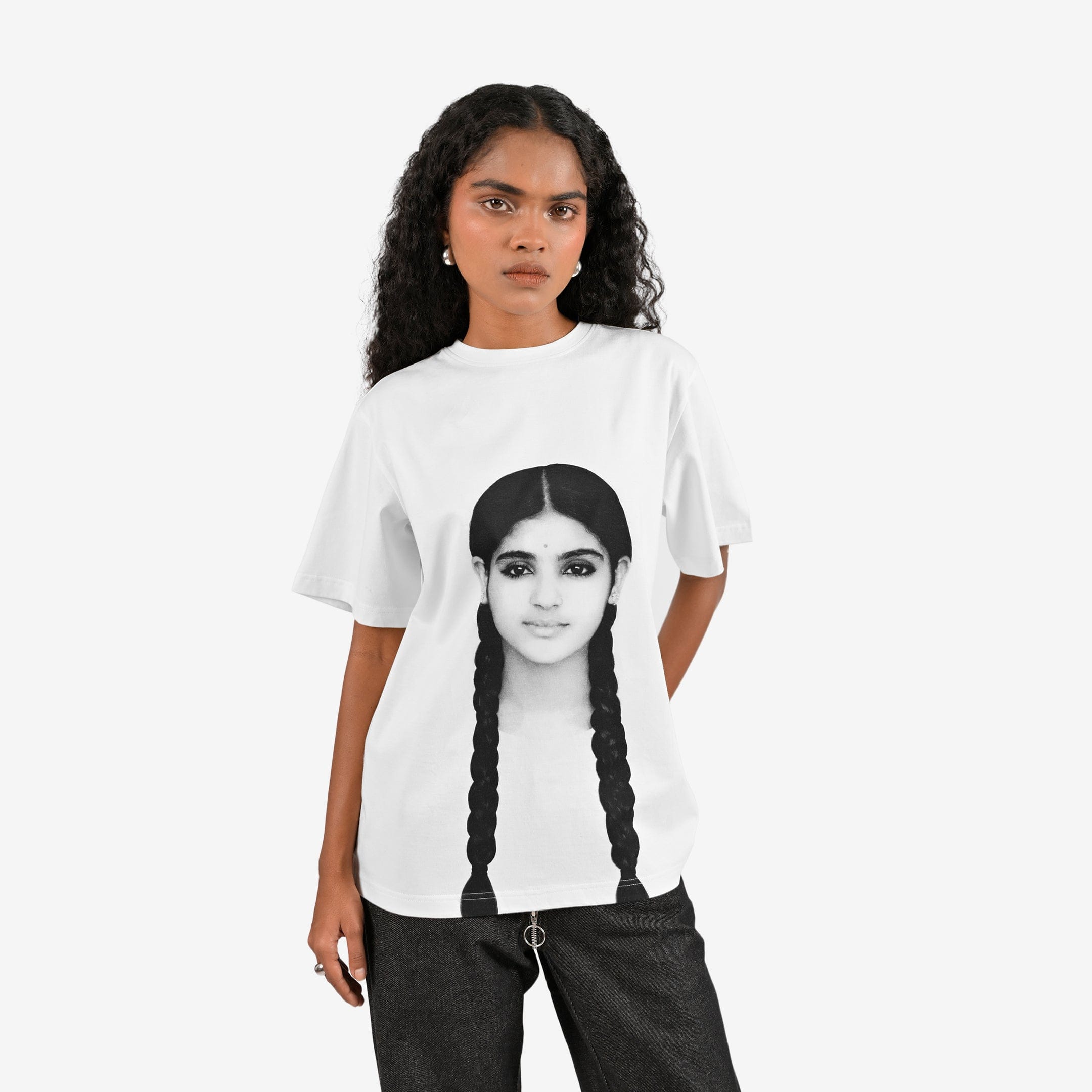 WHITE* The Girl with the Braids portrait t - shirt - White