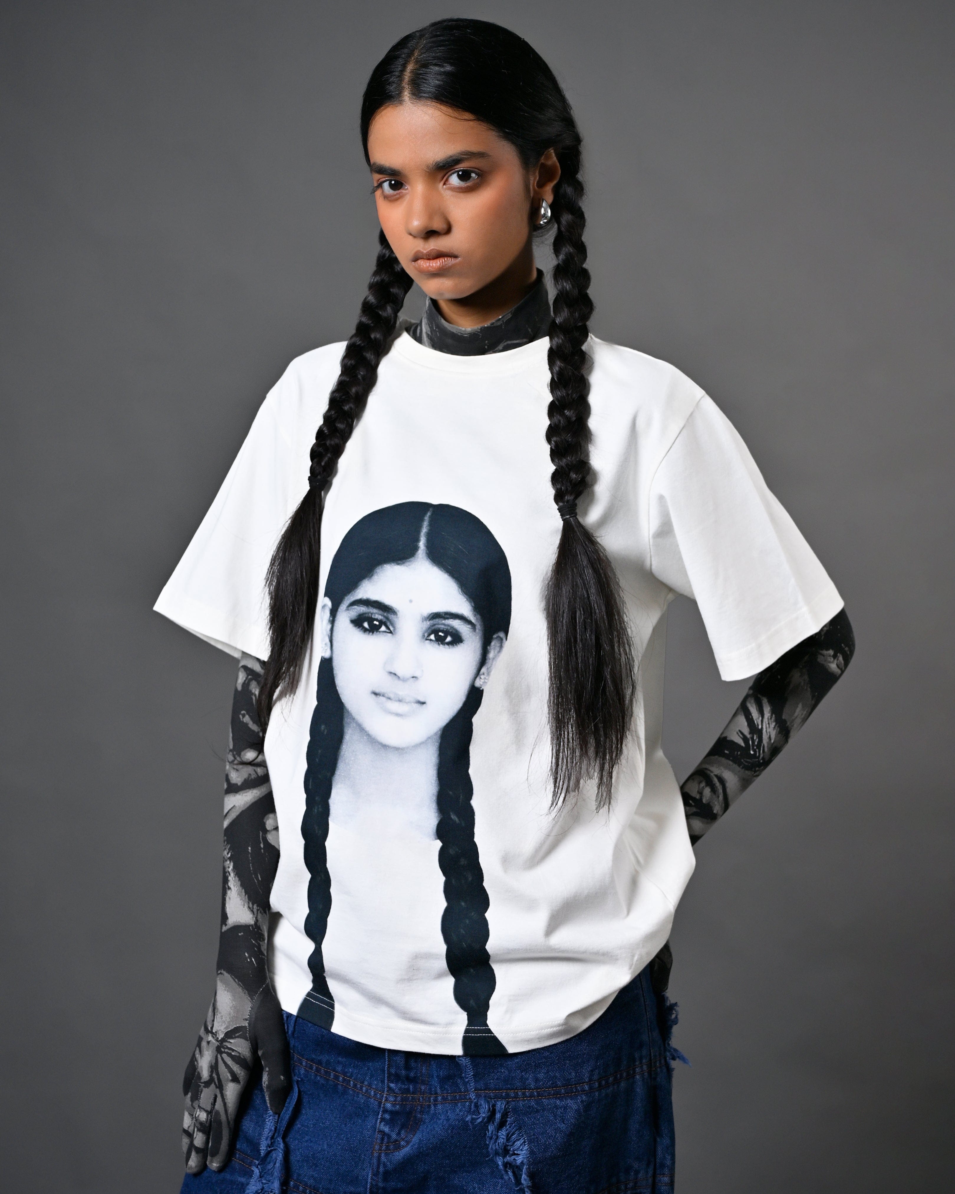 WHITE* The Girl with the Braids portrait t - shirt - White