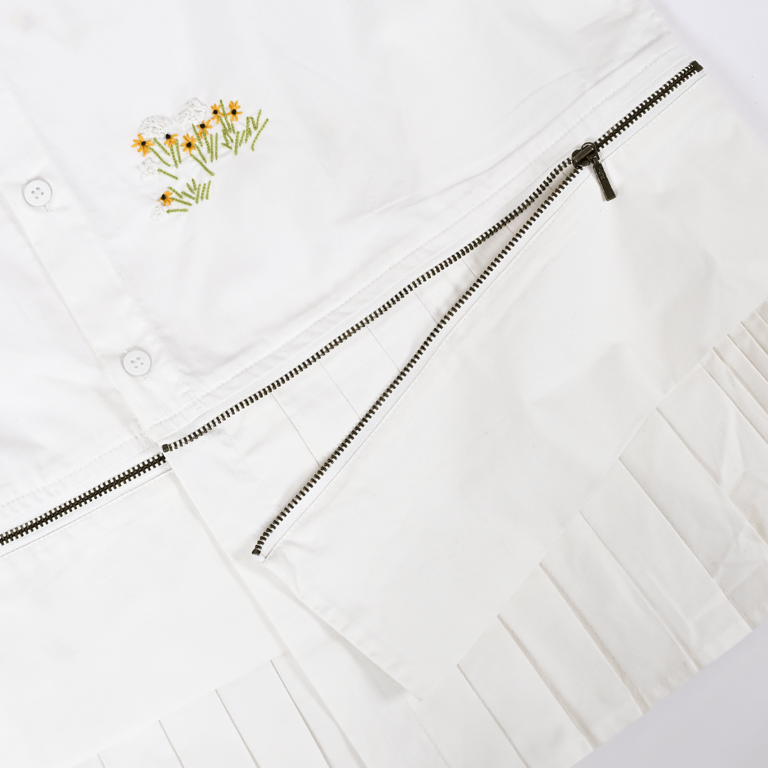 WHITE* Oversized hand embroidered shirt dress with Zipper Detail (White)