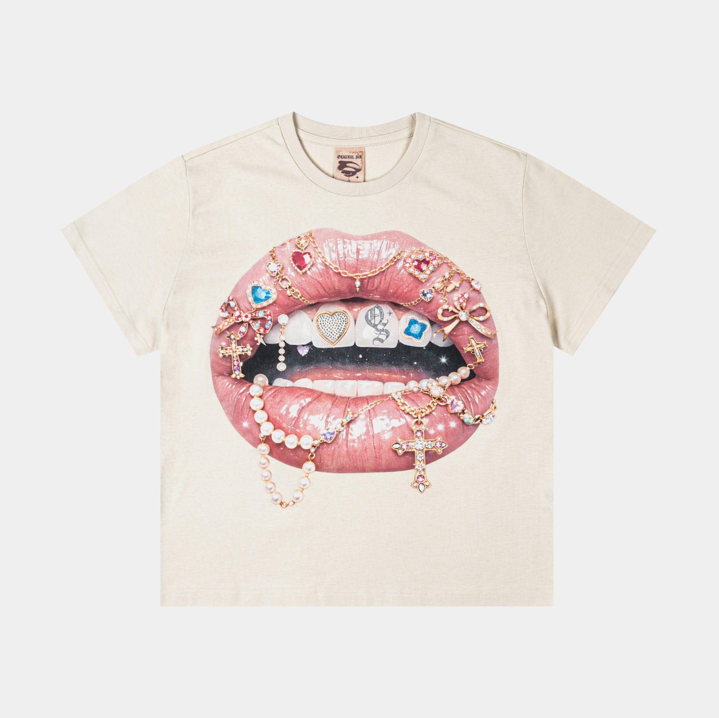 Original SIN Spoiled Lips Cropped Womens Short Sleeve Shirt (Cream/Pink)