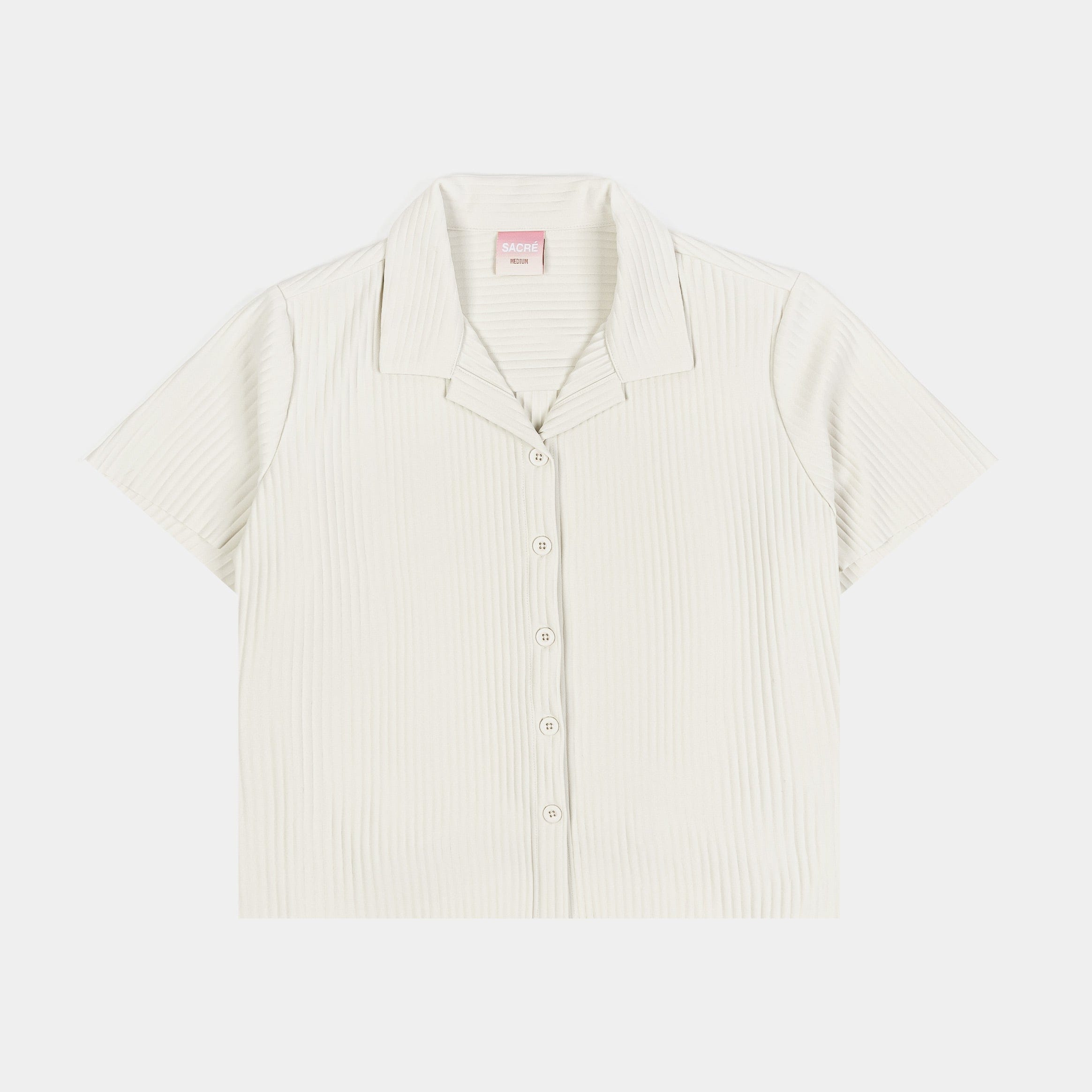 SACRE Pleated Button Up Womens Short Sleeve Shirt (Cream)