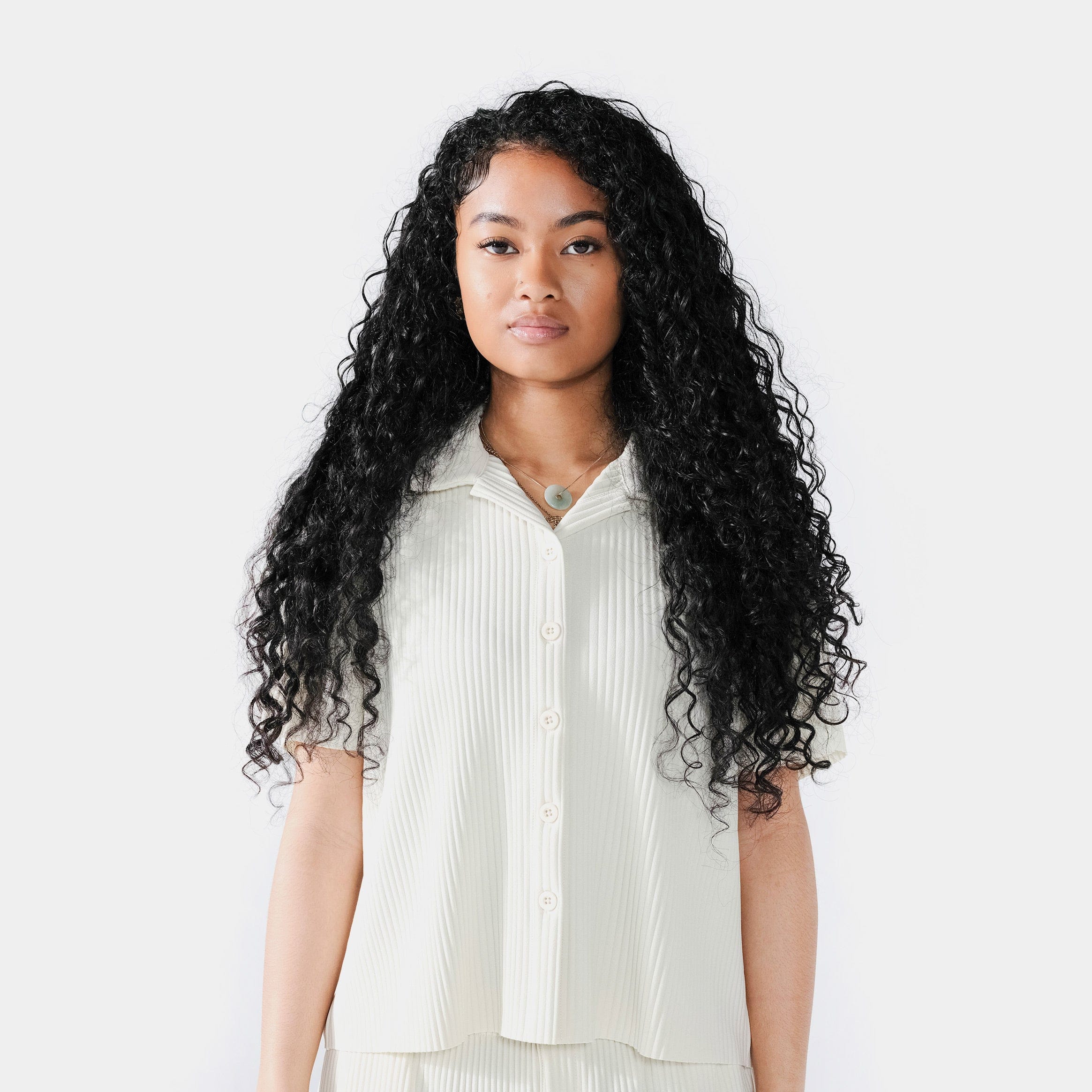 SACRE Pleated Button Up Womens Short Sleeve Shirt (Cream)
