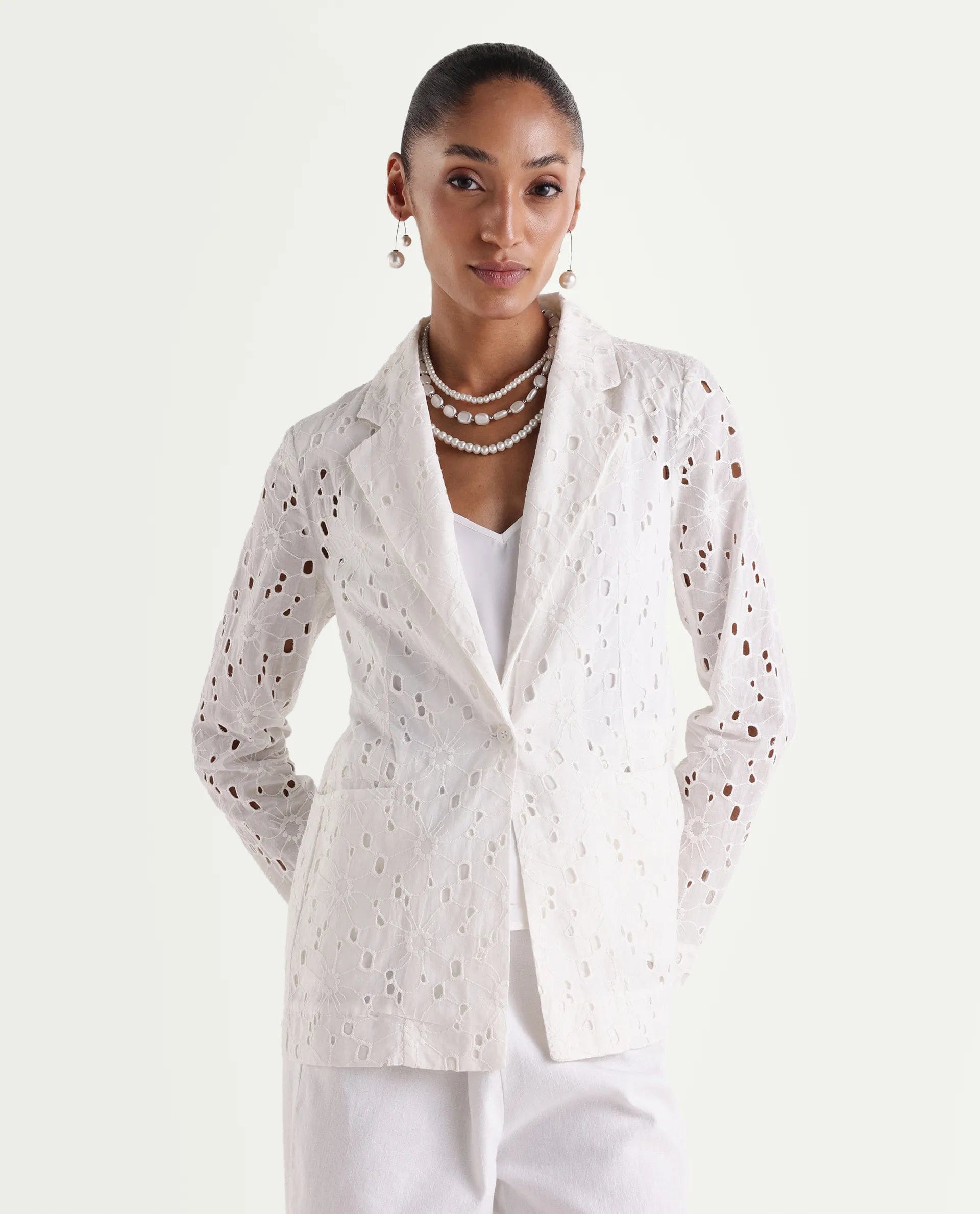 Rareism Women's Rumon Primary White Full Sleeve Lapel Neck Regular Fit Blazer