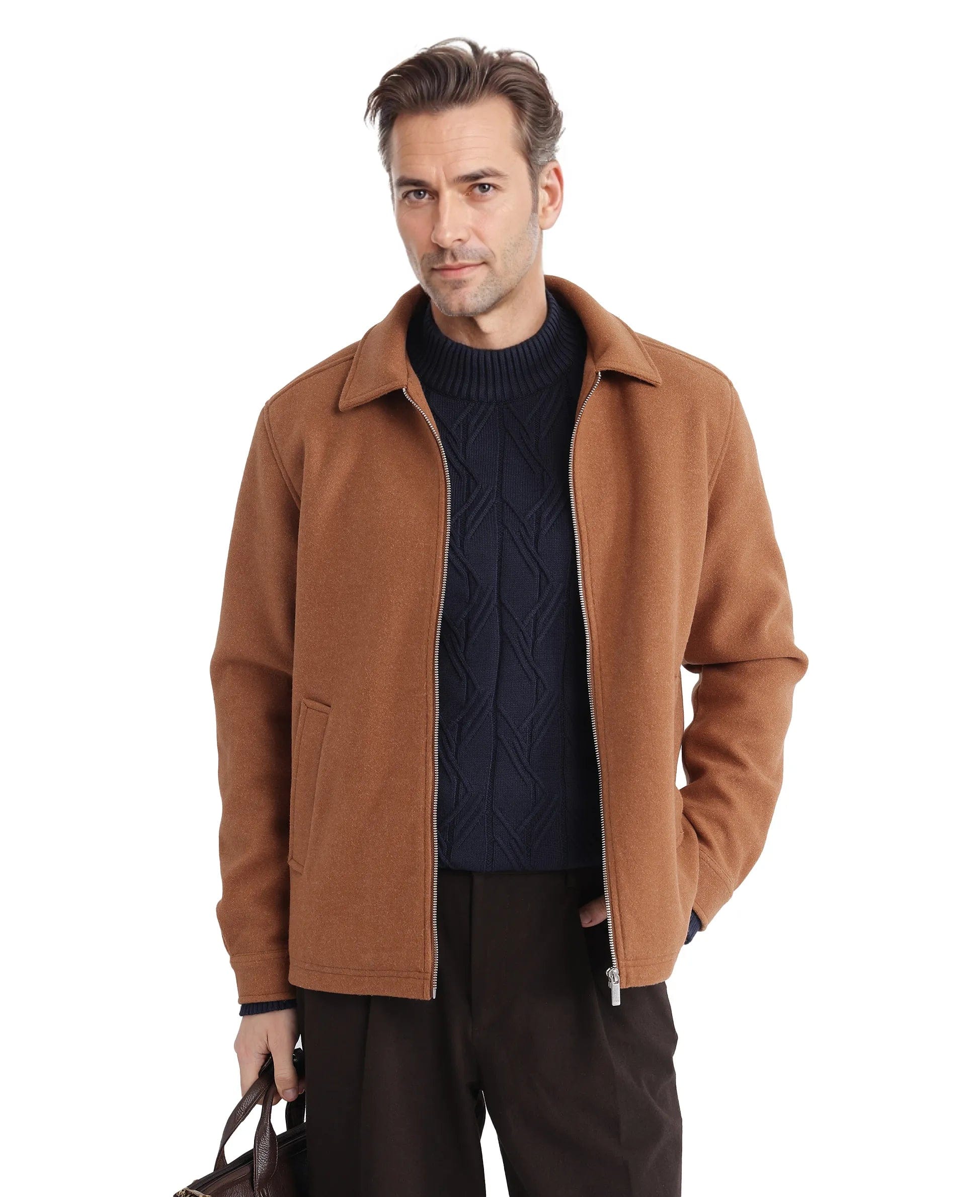 RARE Rabbit Men's Tweeder - 2 Brown Polyester Blend Plain Relaxed Fit Full Sleeve Spread Collar Jacket