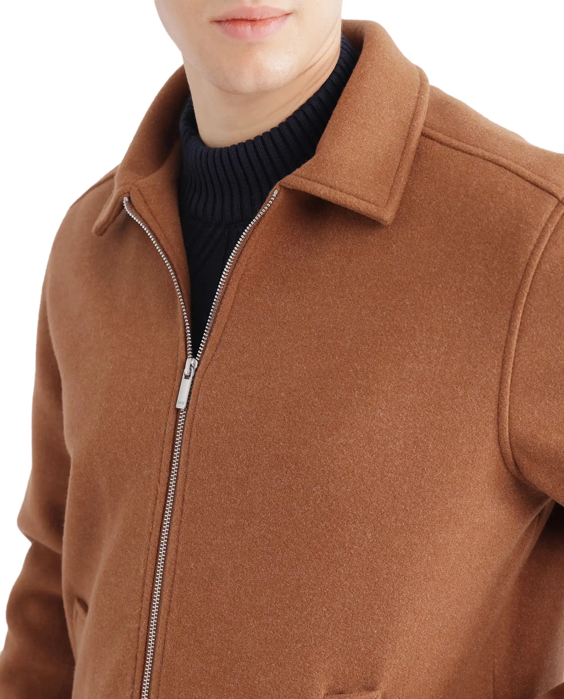 RARE Rabbit Men's Tweeder - 2 Brown Polyester Blend Plain Relaxed Fit Full Sleeve Spread Collar Jacket