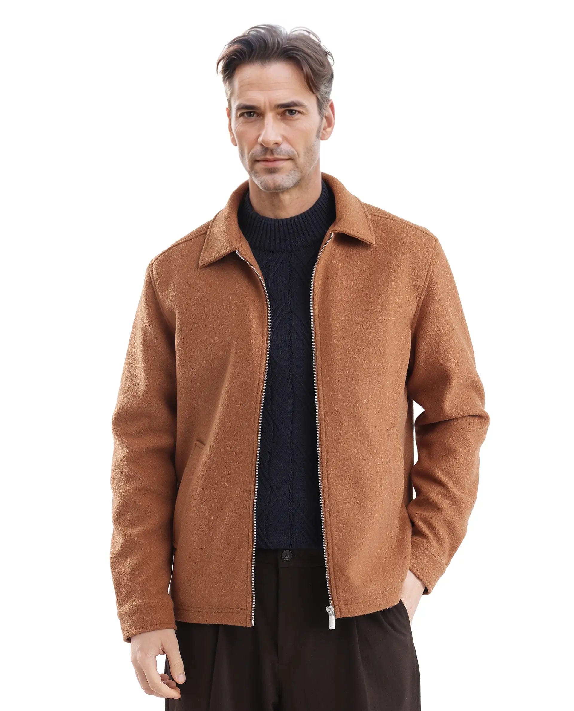 RARE Rabbit Men's Tweeder - 2 Brown Polyester Blend Plain Relaxed Fit Full Sleeve Spread Collar Jacket