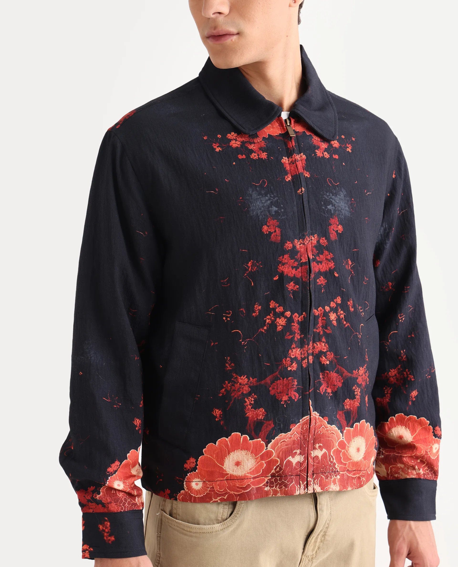 RARE Rabbit Men's Zyra Navy Viscose Blend Fabric Spread Collar Regular Fit Printed Jacket