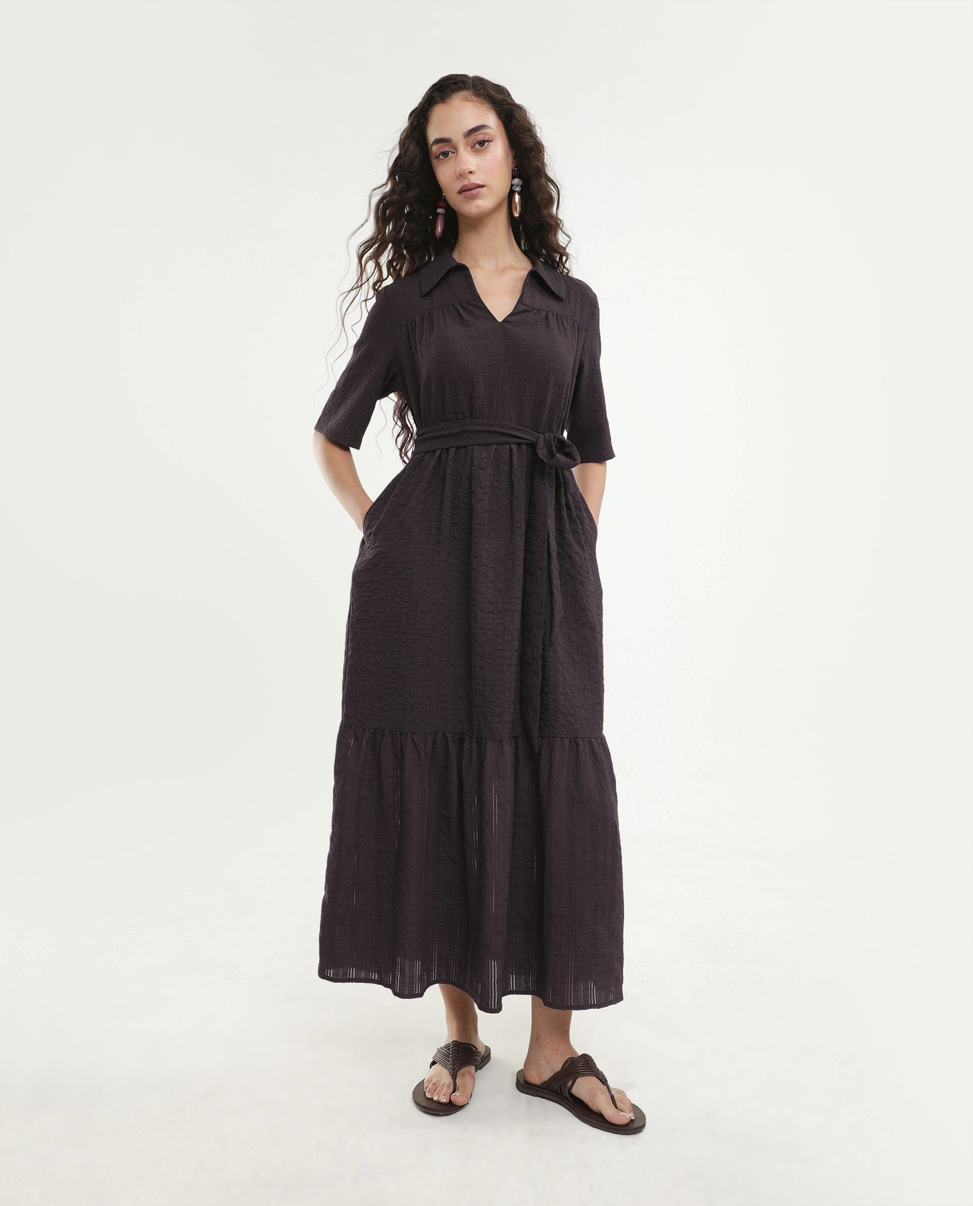 Rareism Women's Dilan Brown Viscose Blend Jonny Collar Pull - On Fit And Flare Plain Dress