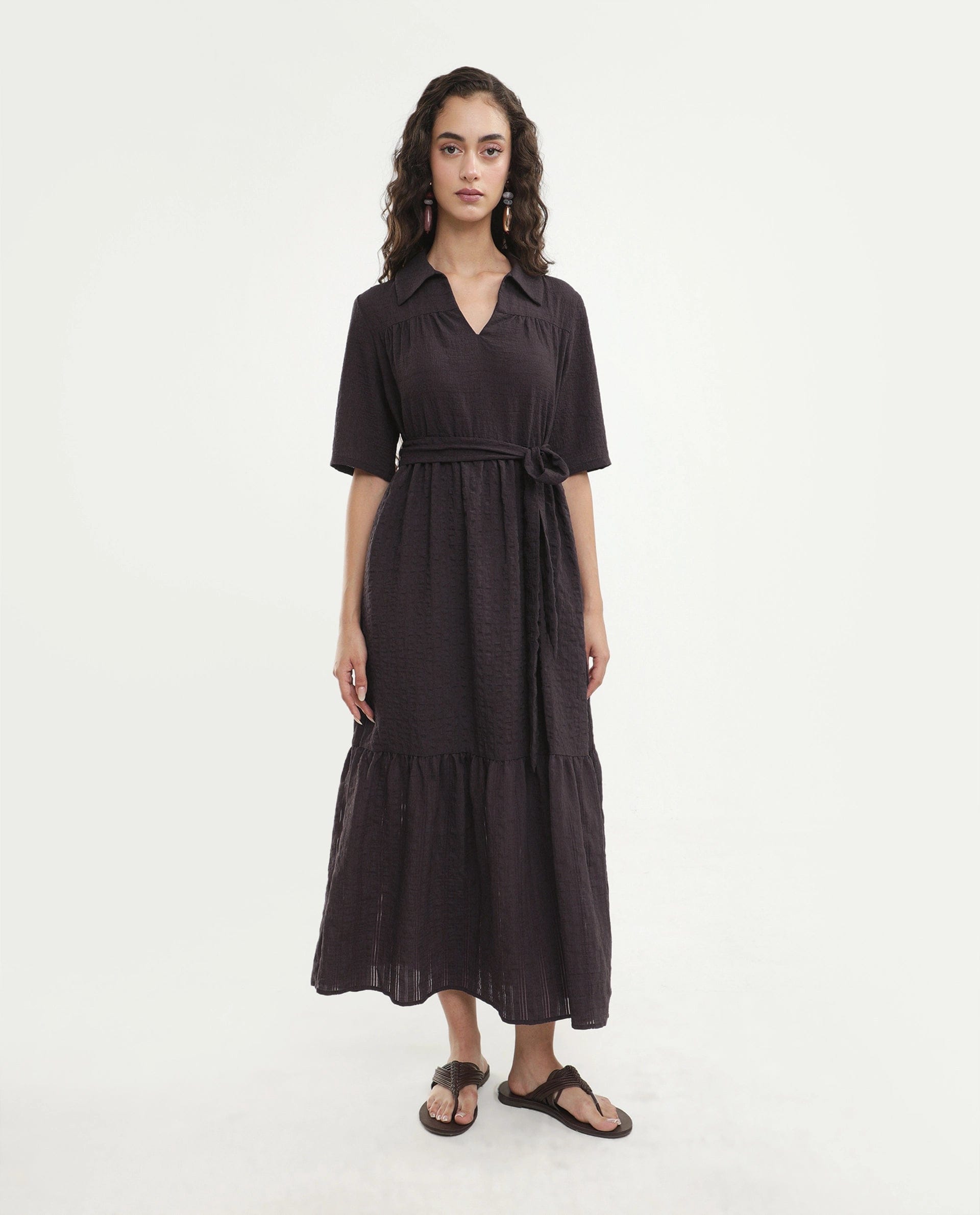 Rareism Women's Dilan Brown Viscose Blend Jonny Collar Pull - On Fit And Flare Plain Dress