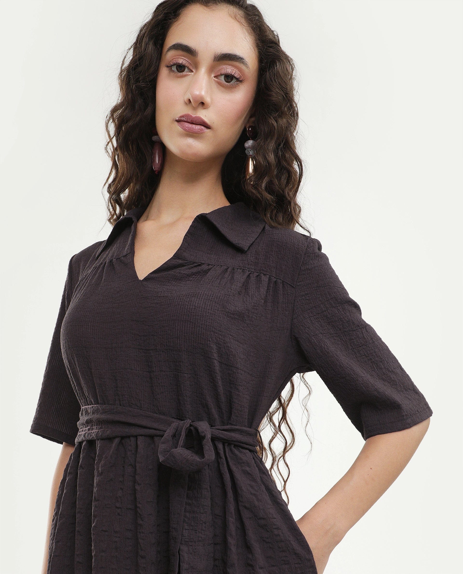 Rareism Women's Dilan Brown Viscose Blend Jonny Collar Pull - On Fit And Flare Plain Dress