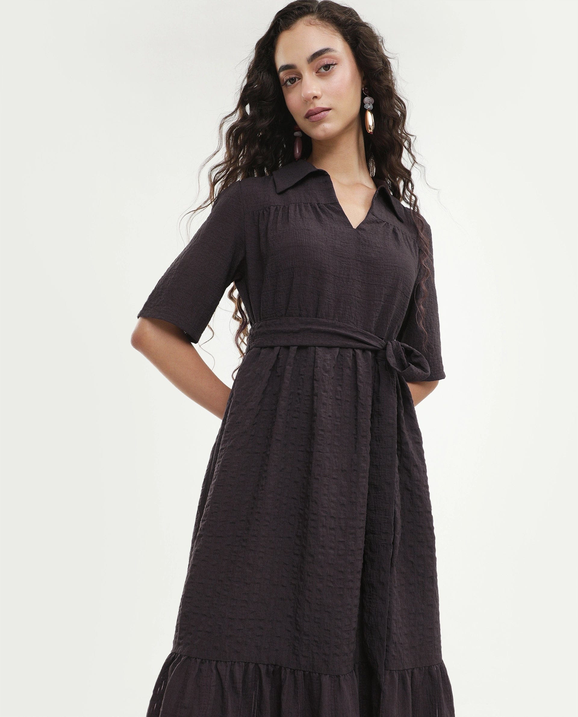 Rareism Women's Dilan Brown Viscose Blend Jonny Collar Pull - On Fit And Flare Plain Dress