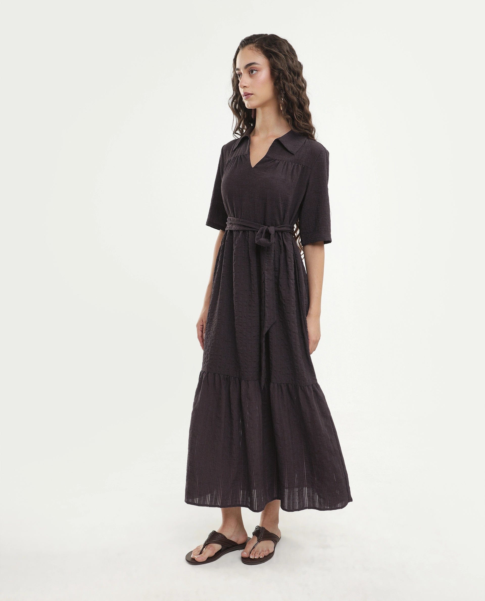 Rareism Women's Dilan Brown Viscose Blend Jonny Collar Pull - On Fit And Flare Plain Dress