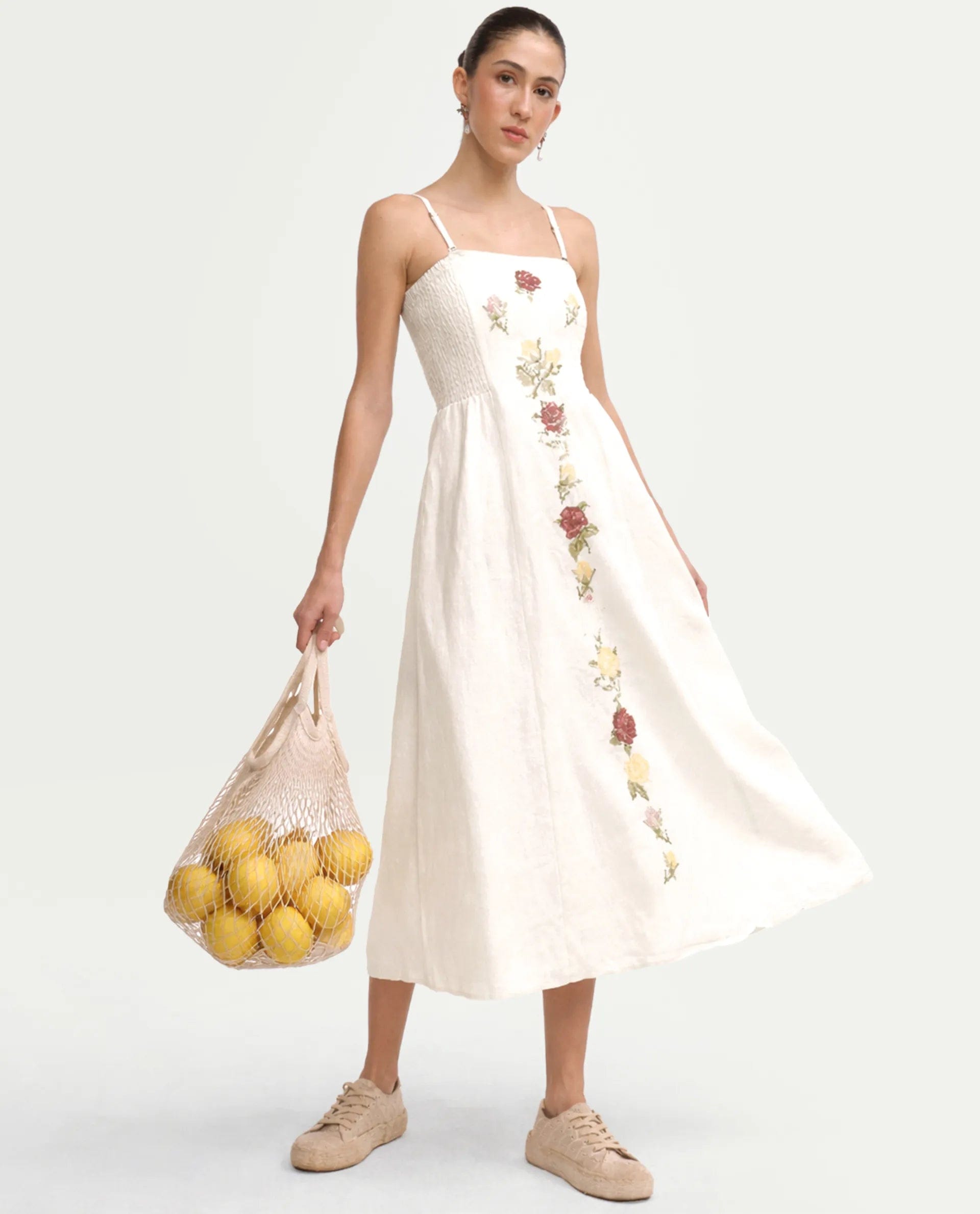 Rareism Women's Treler Light Off - White Linen Tube Neck Fit And Flare Plain Dress