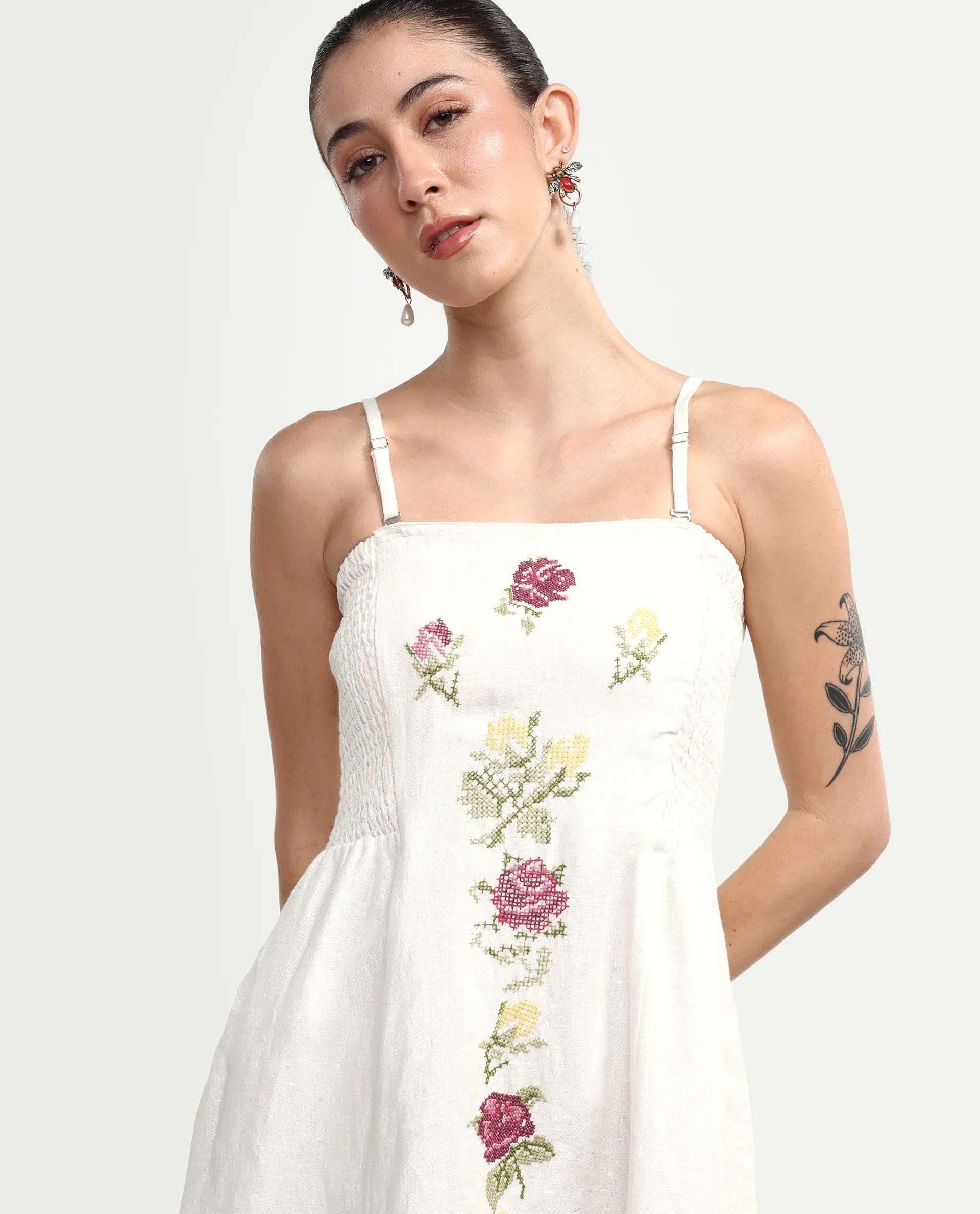 Rareism Women's Treler Light Off - White Linen Tube Neck Fit And Flare Plain Dress