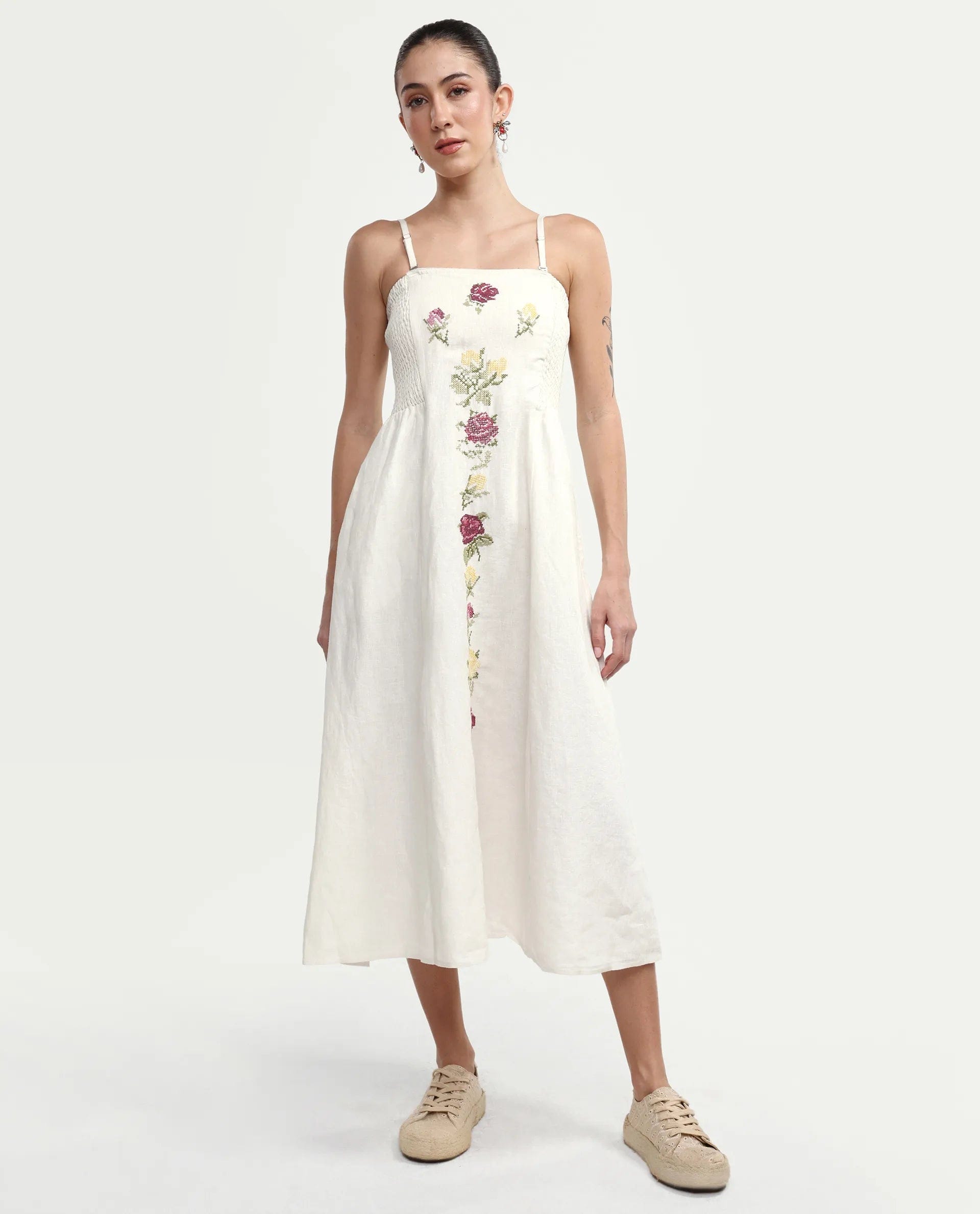 Rareism Women's Treler Light Off - White Linen Tube Neck Fit And Flare Plain Dress