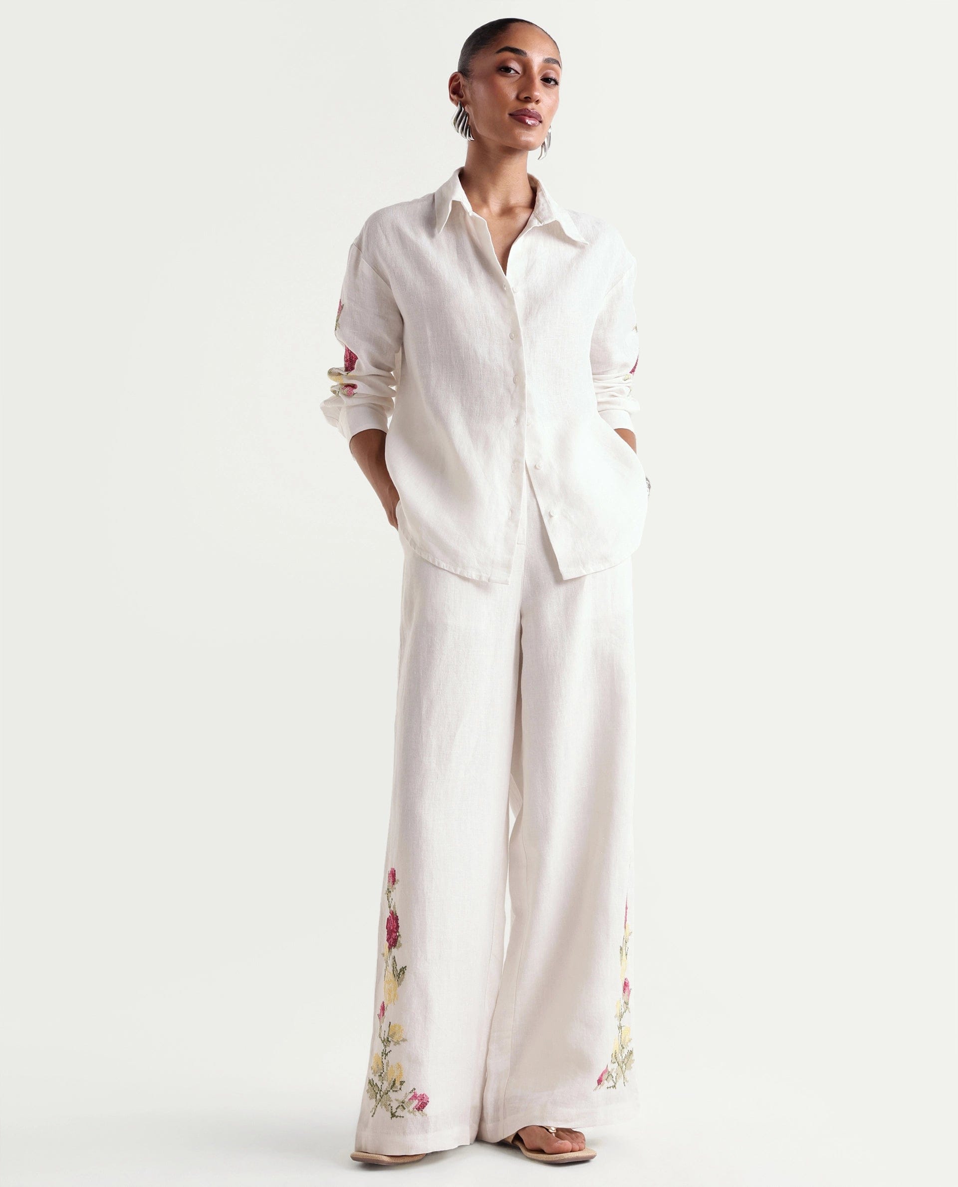 Rareism Women's Taish - B Light Off - White 100% Linen Wide Plain Trouser