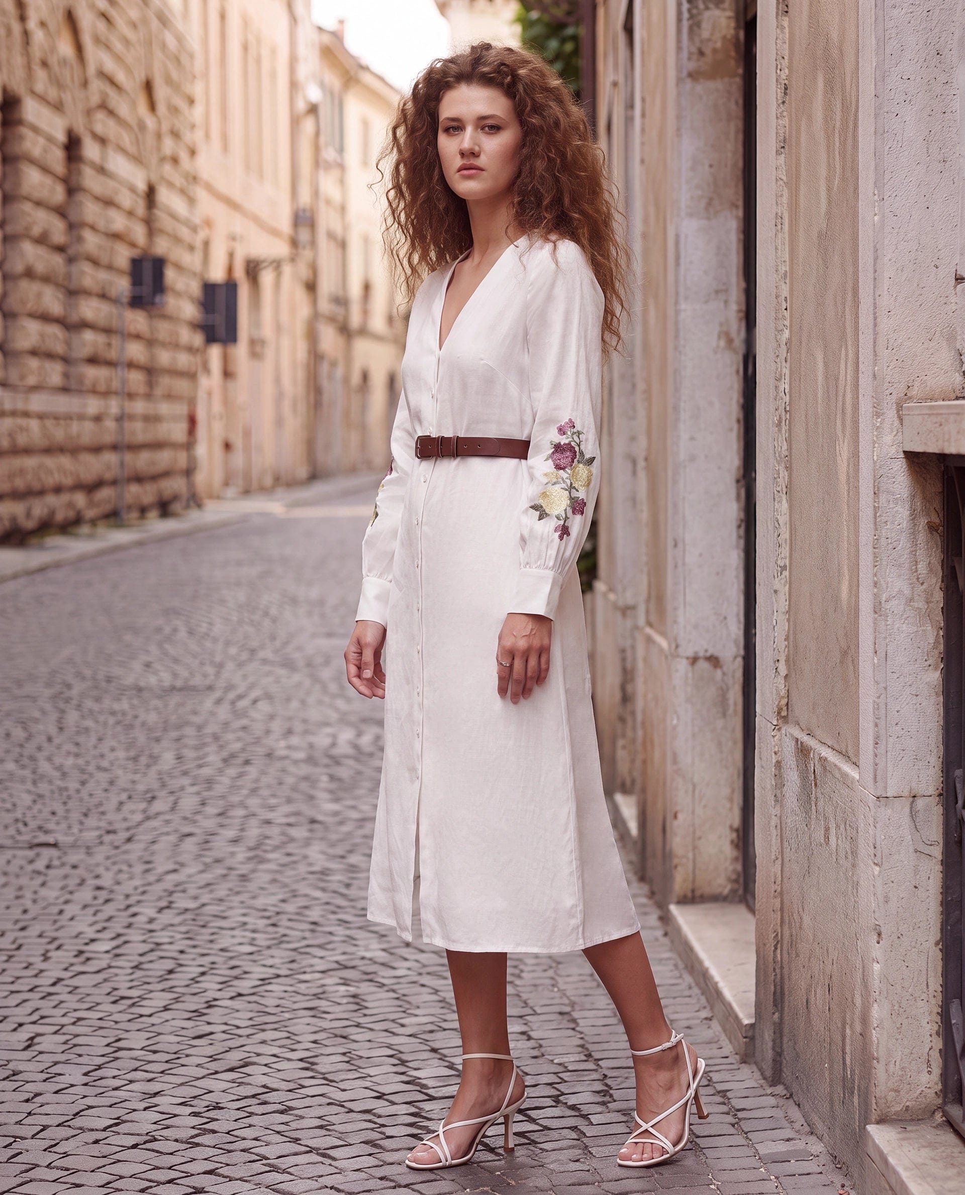 Rareism Women's Tiana Off White 100% Linen Mandarin Collar Button Relaxed Plain Dress