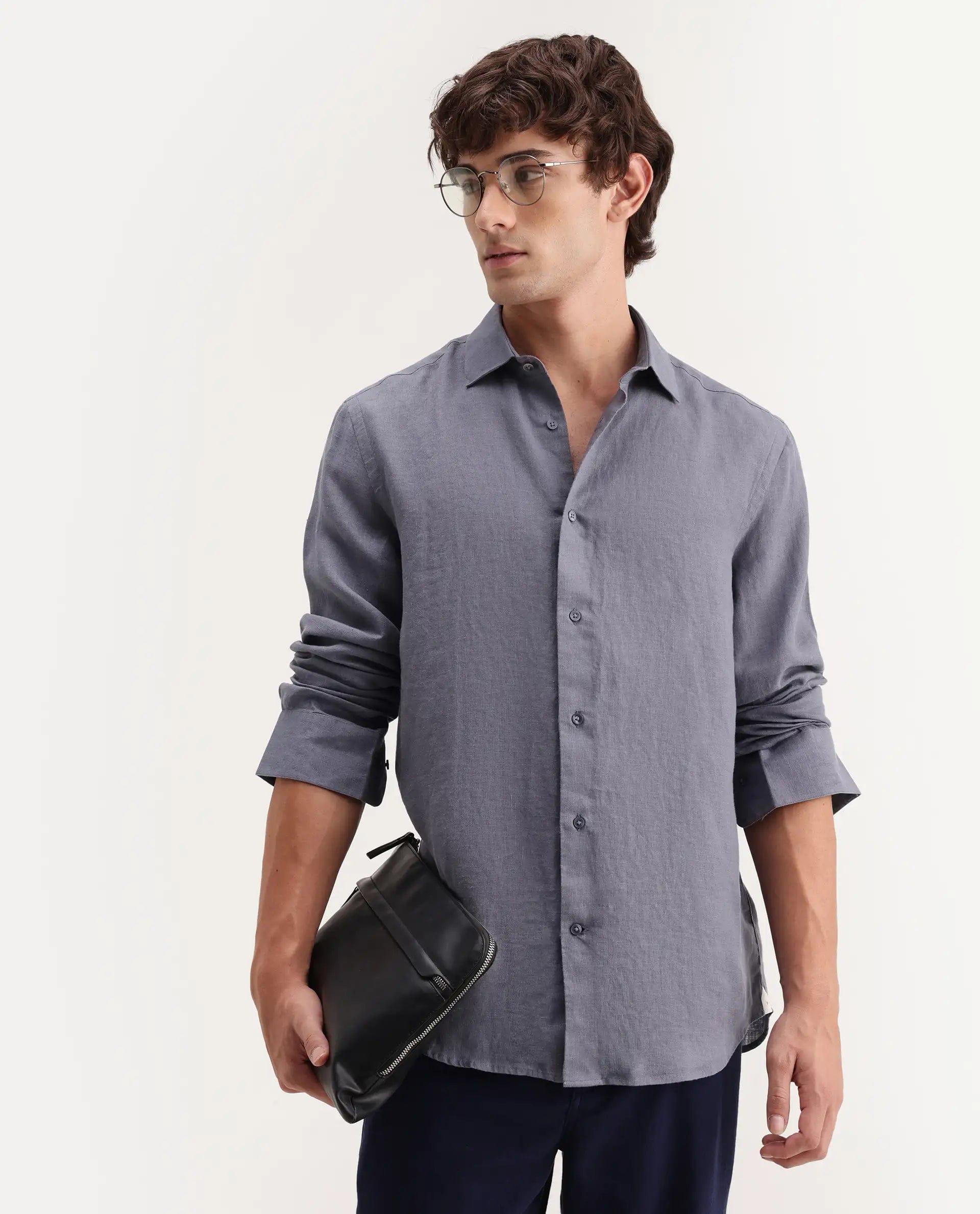 RARE Rabbit Men's Mavi - Aw26 Dusky Grey 100% Linen Spread Collar Regular Plain Shirt