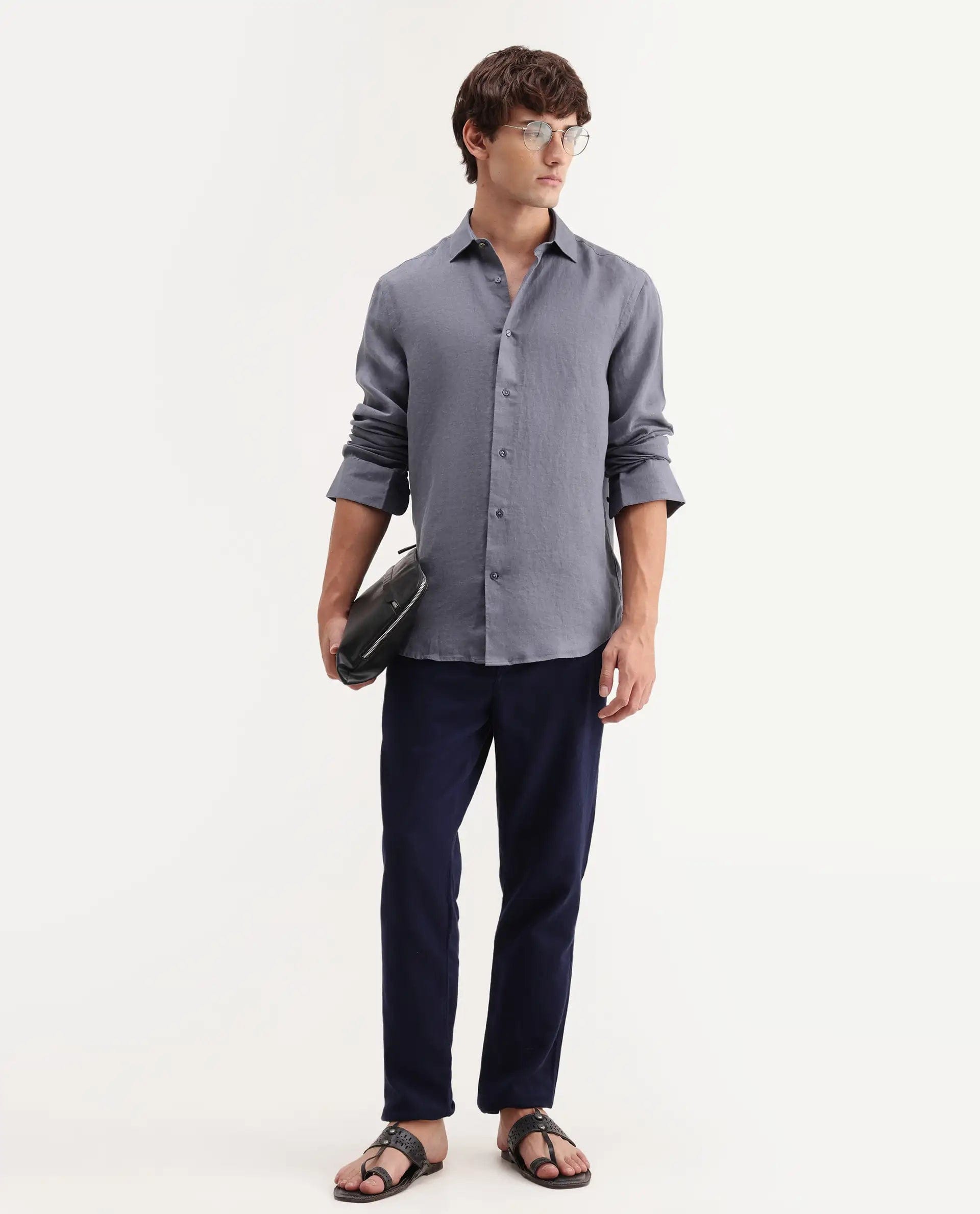 RARE Rabbit Men's Mavi - Aw26 Dusky Grey 100% Linen Spread Collar Regular Plain Shirt