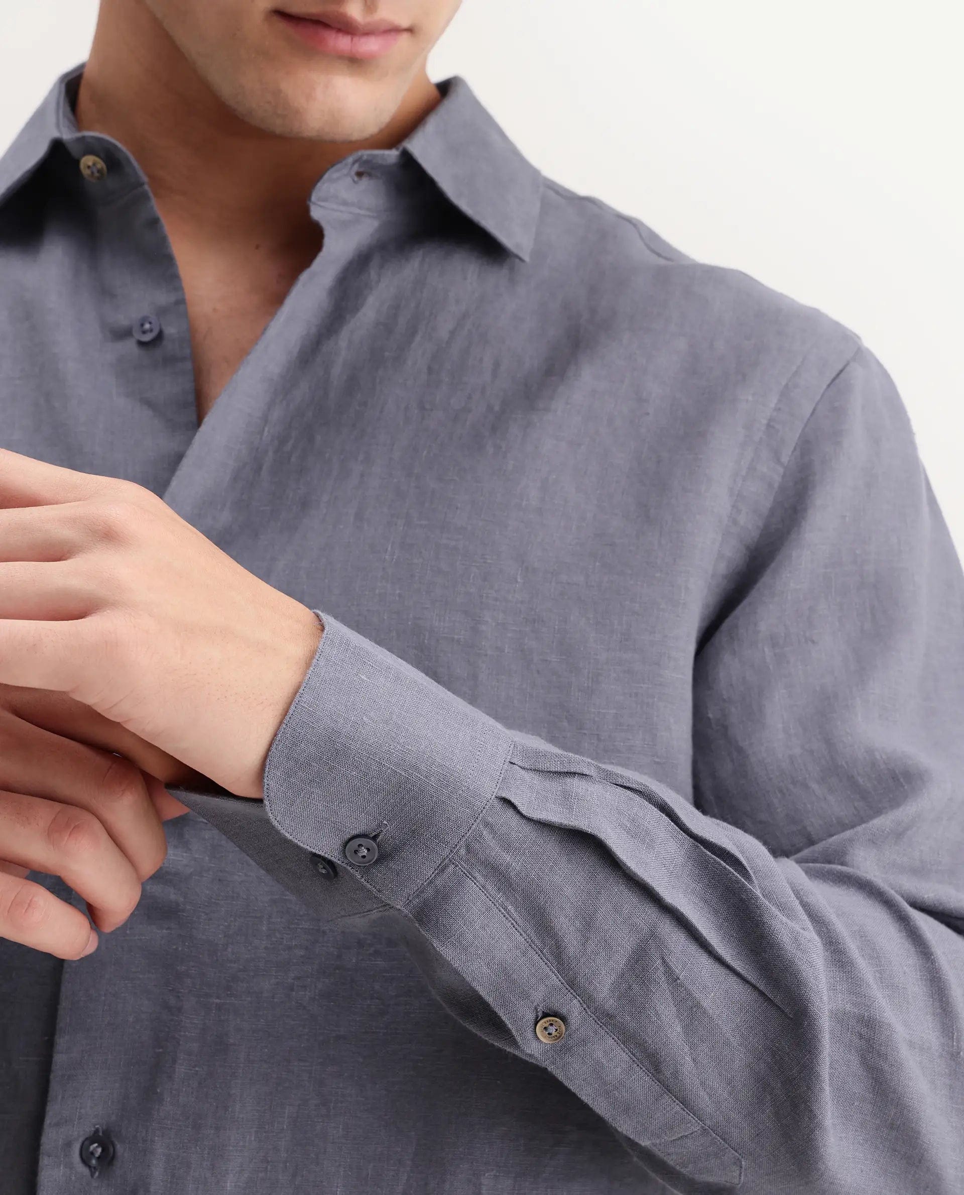 RARE Rabbit Men's Mavi - Aw26 Dusky Grey 100% Linen Spread Collar Regular Plain Shirt