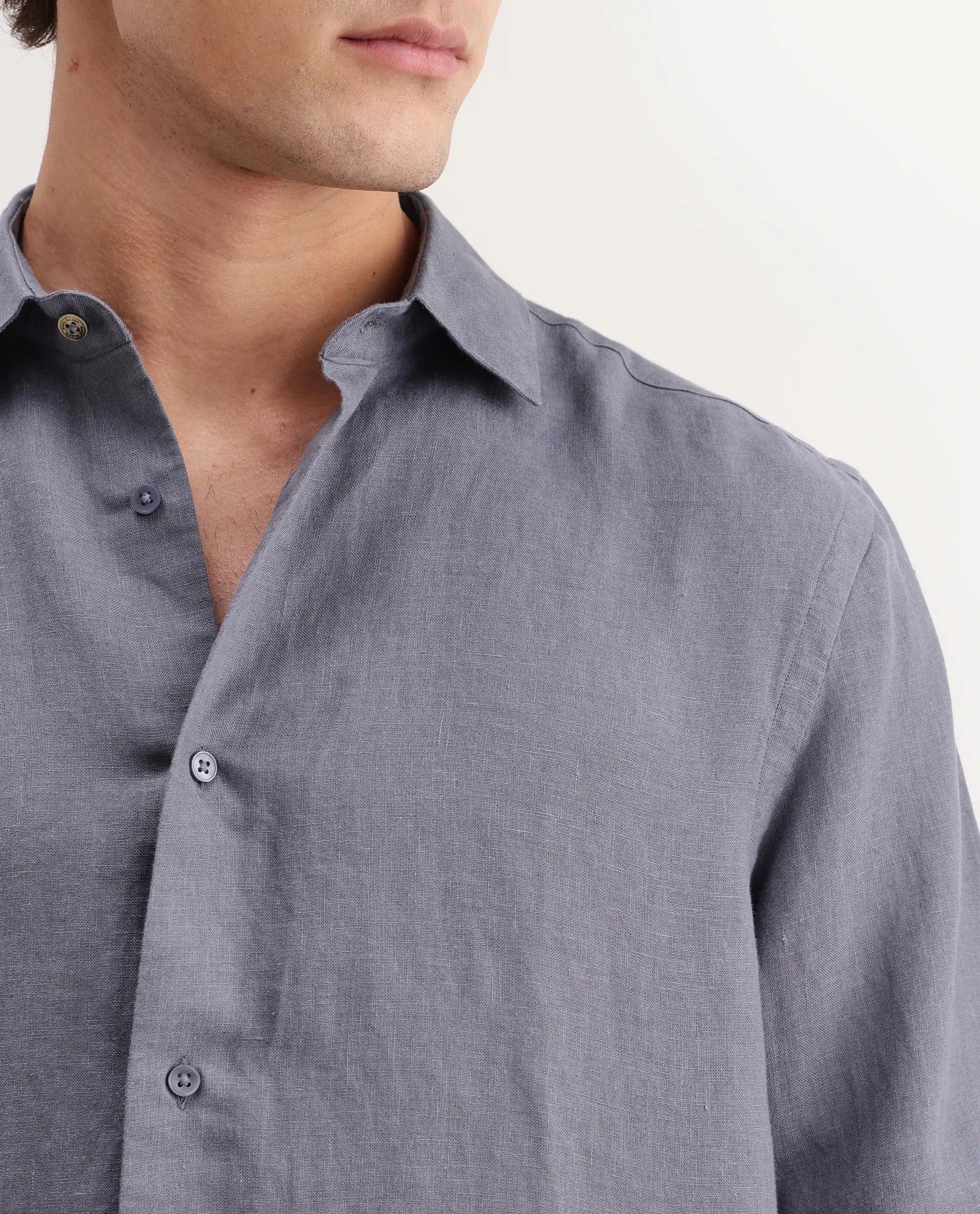 RARE Rabbit Men's Mavi - Aw26 Dusky Grey 100% Linen Spread Collar Regular Plain Shirt