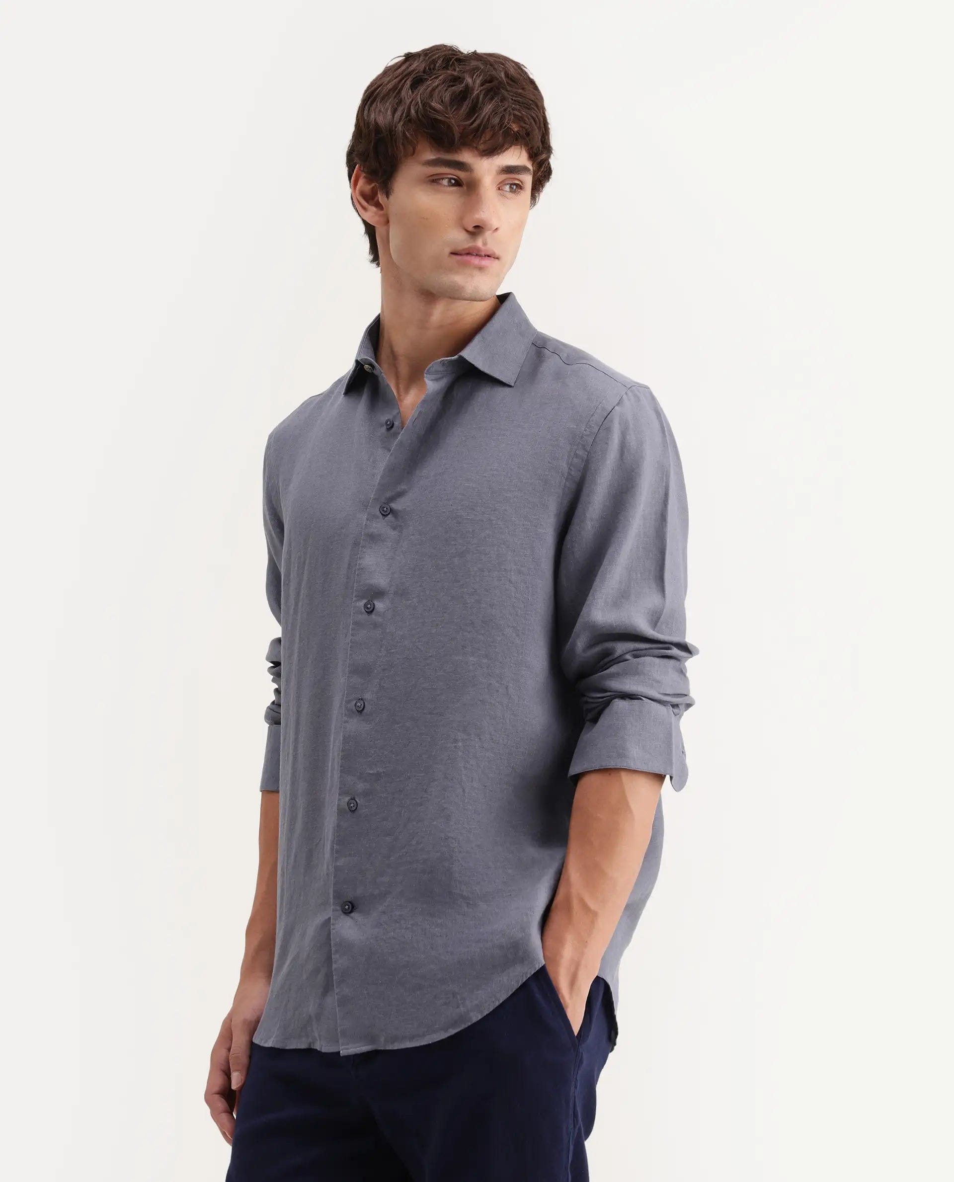 RARE Rabbit Men's Mavi - Aw26 Dusky Grey 100% Linen Spread Collar Regular Plain Shirt