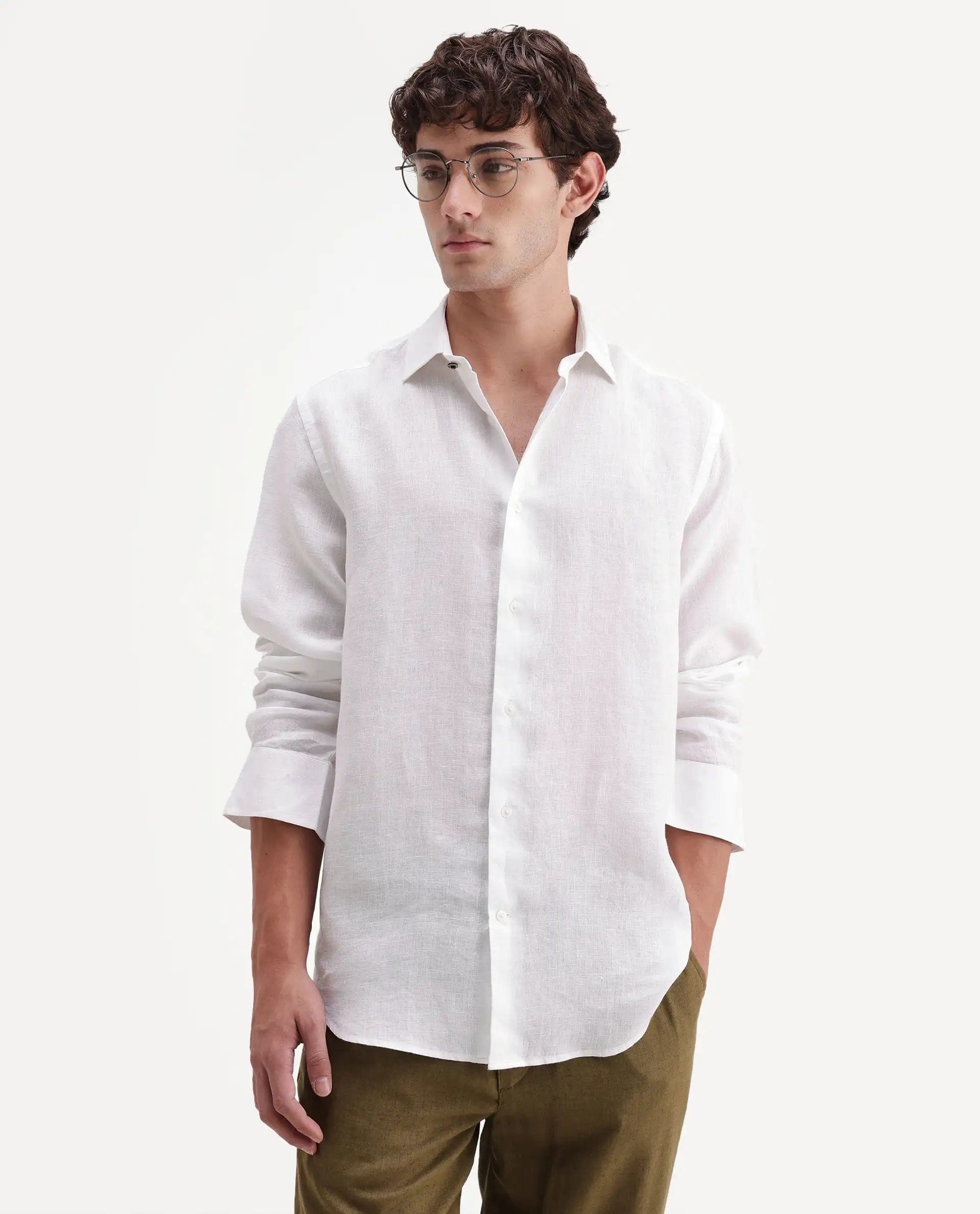 RARE Rabbit Men's Mavi - Aw26 White 100% Linen Spread Collar Regular Plain Shirt