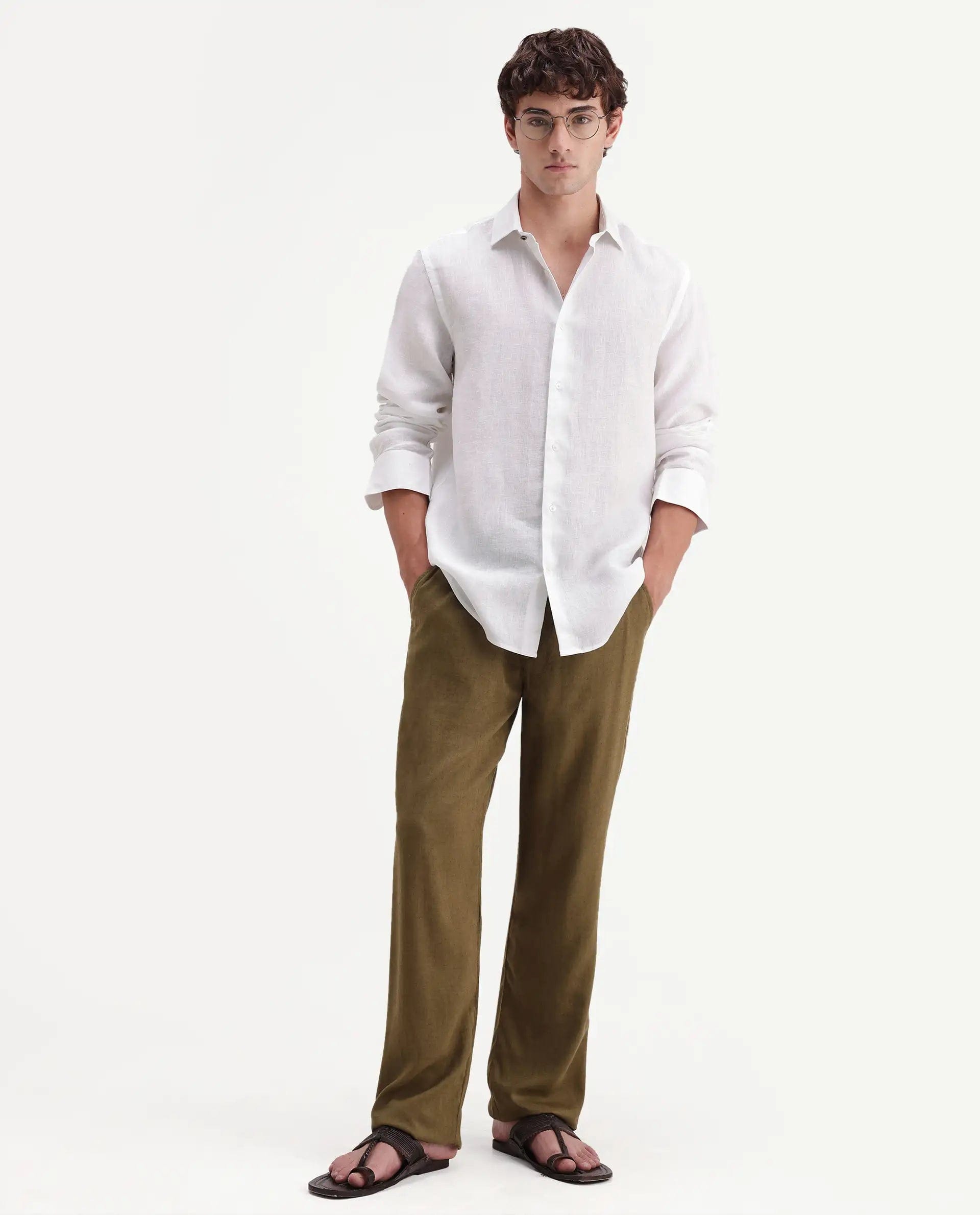 RARE Rabbit Men's Mavi - Aw26 White 100% Linen Spread Collar Regular Plain Shirt