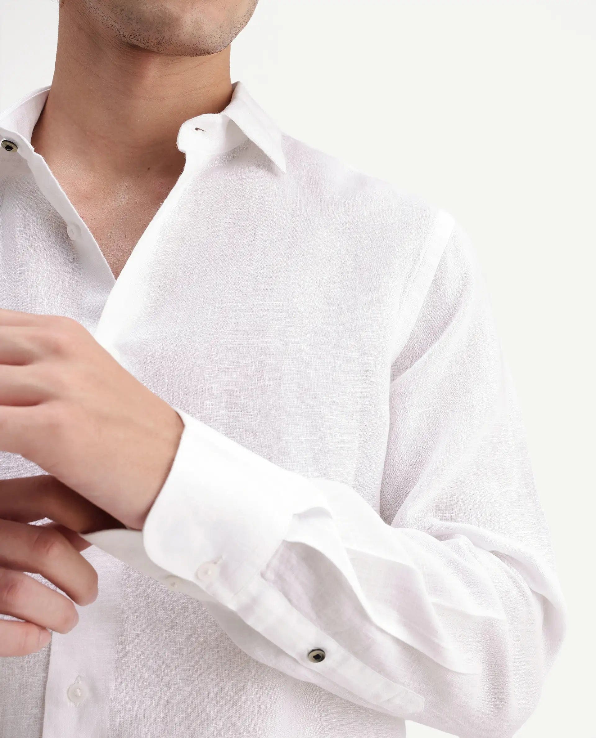 RARE Rabbit Men's Mavi - Aw26 White 100% Linen Spread Collar Regular Plain Shirt