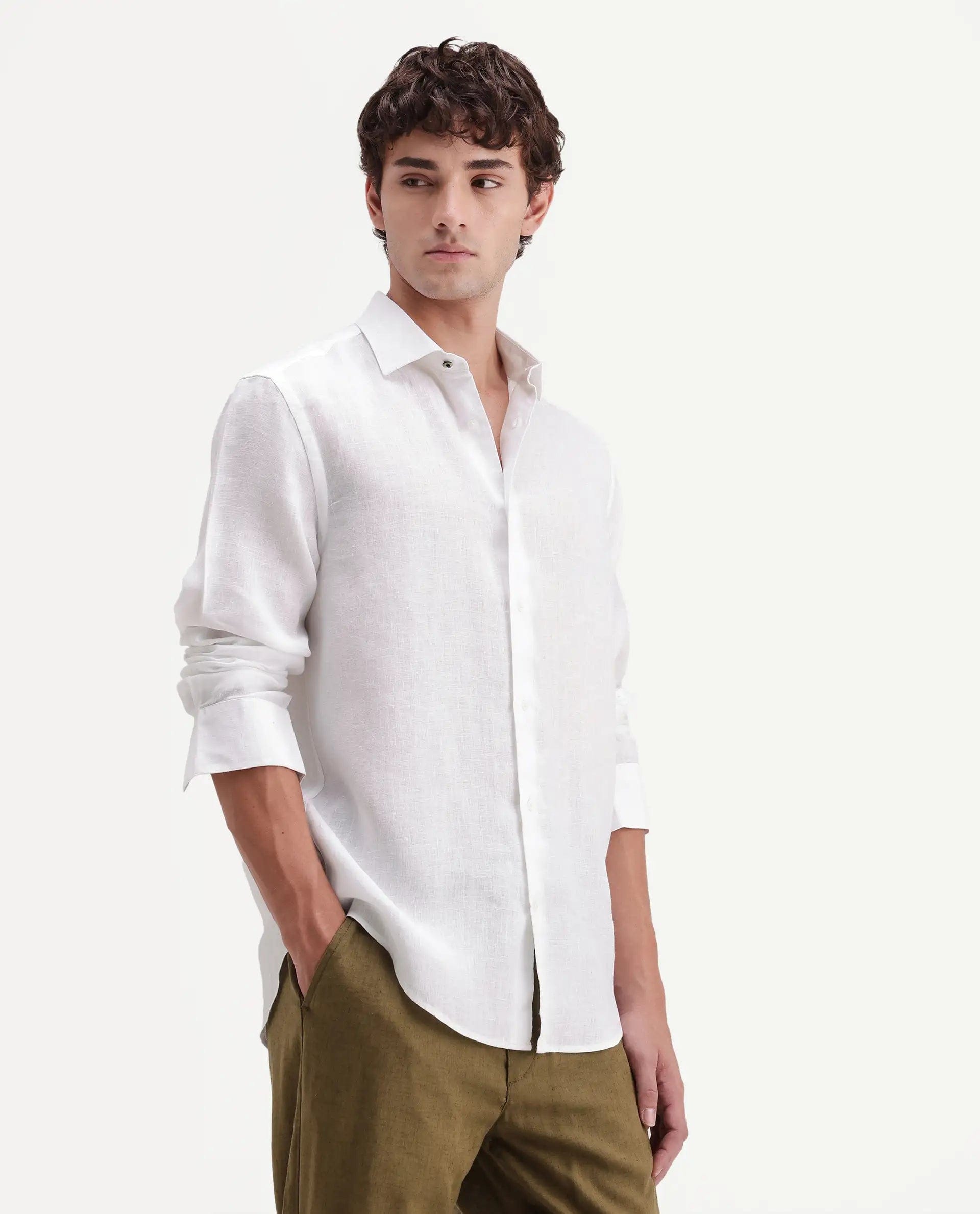 RARE Rabbit Men's Mavi - Aw26 White 100% Linen Spread Collar Regular Plain Shirt