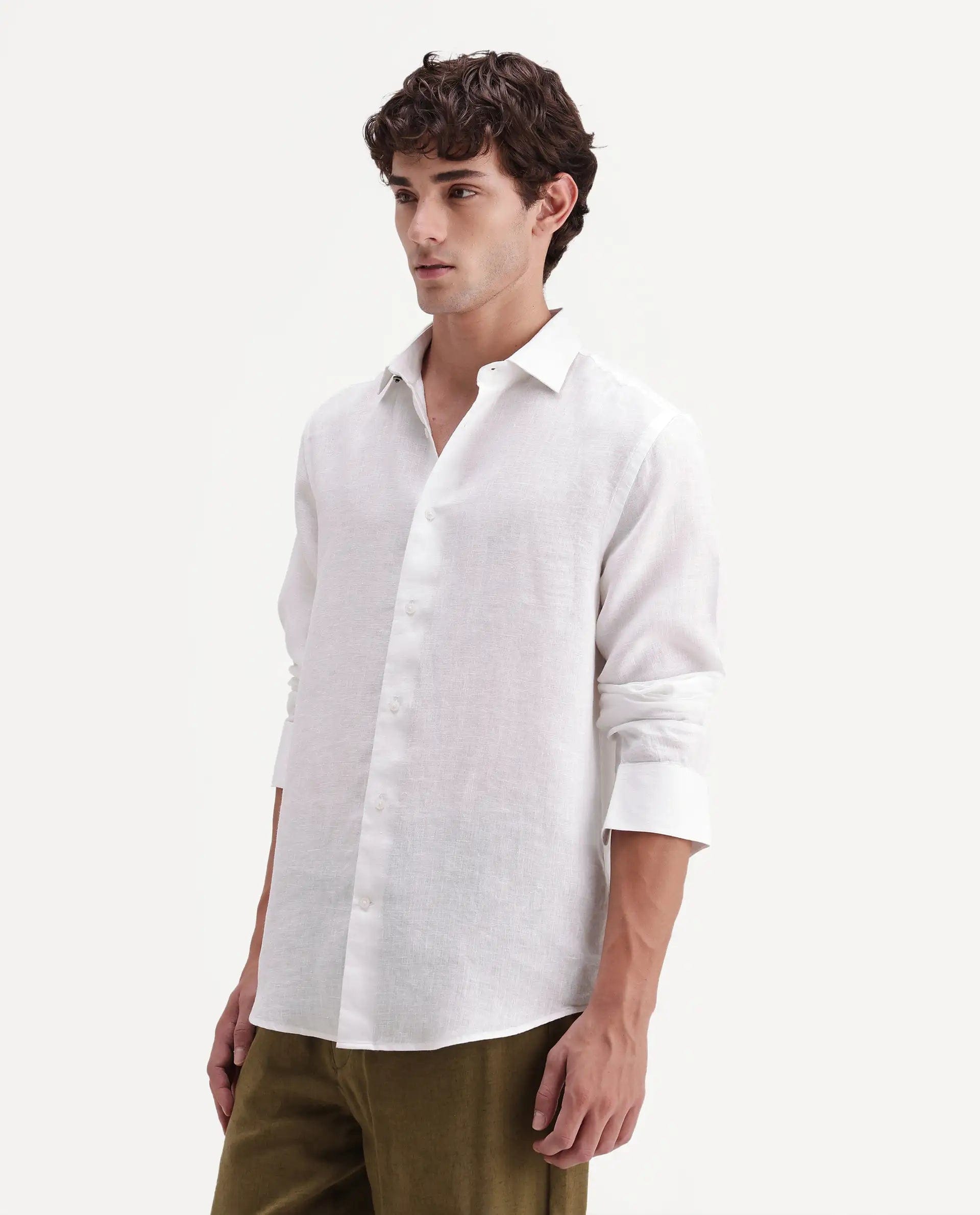 RARE Rabbit Men's Mavi - Aw26 White 100% Linen Spread Collar Regular Plain Shirt