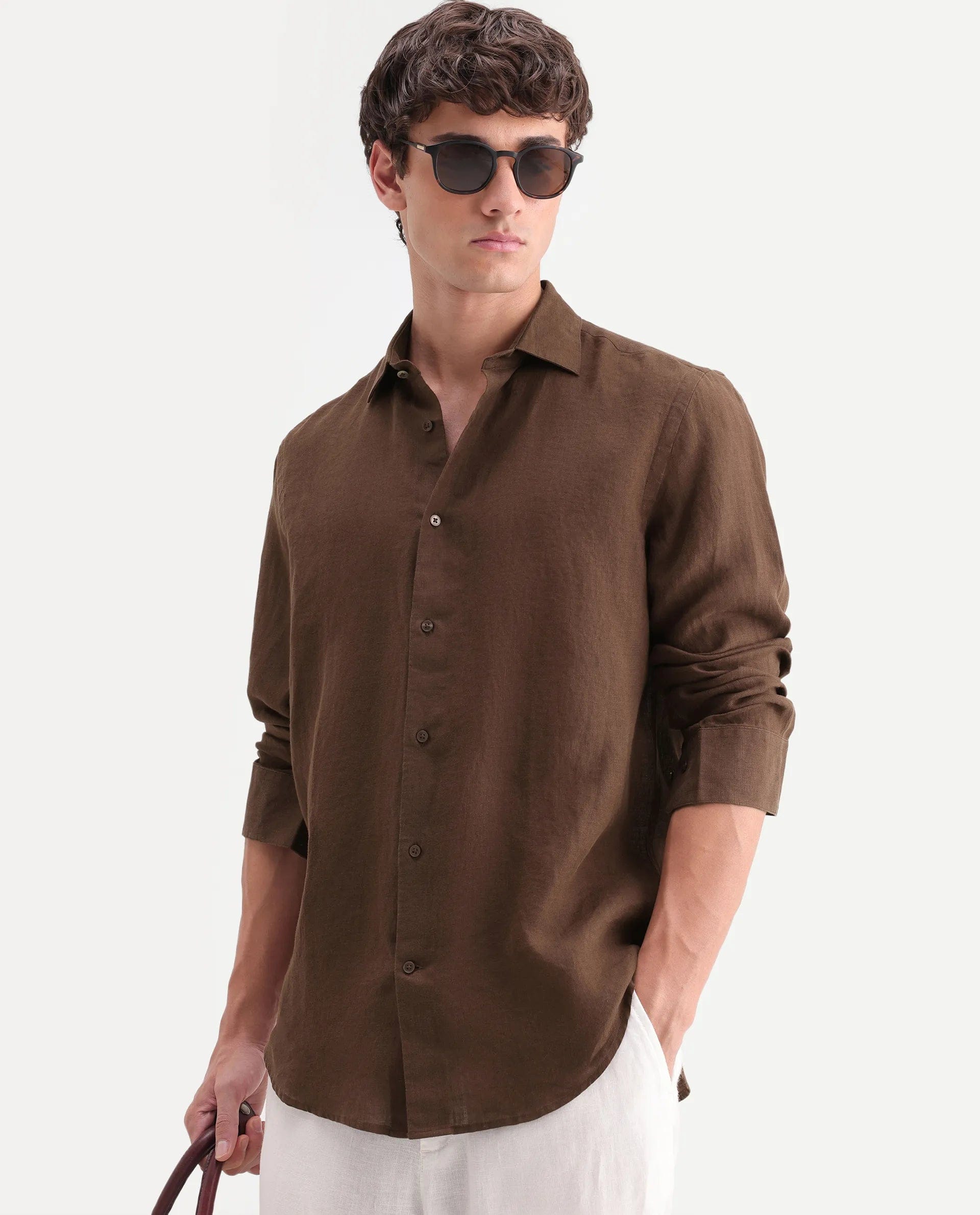 RARE Rabbit Men's Mavi - Aw26 Brown 100% Linen Spread Collar Regular Fit Plain Shirt